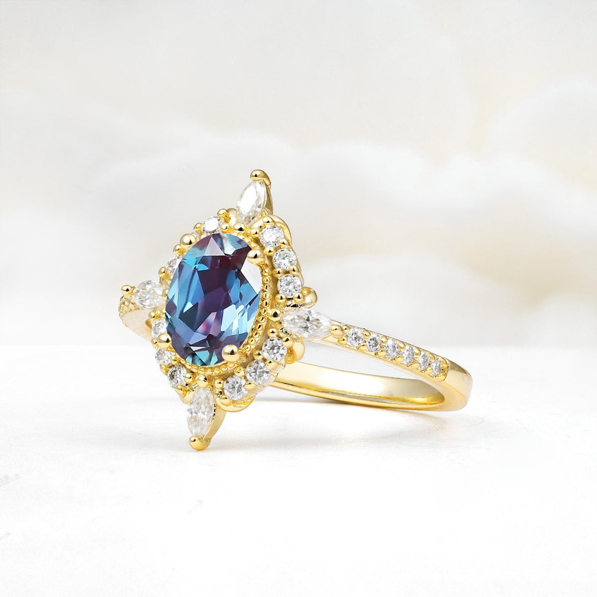 Oval Cut Alexandrite Starburst Halo Engagement Ring with Pavé Band - Additional view
