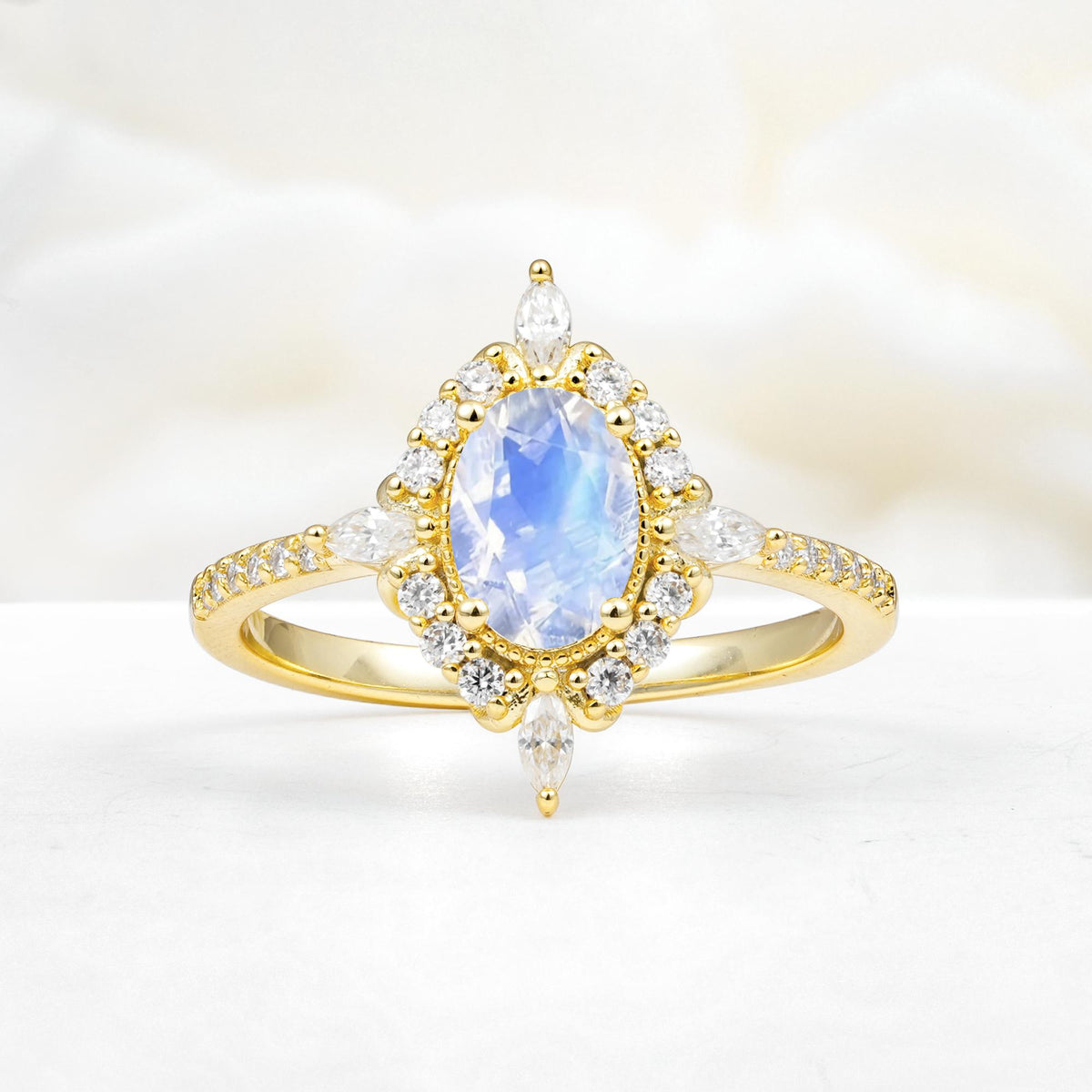 Oval Cut Moonstone Starburst Halo Engagement Ring with Pavé Band - Additional view