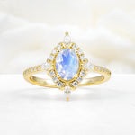 Oval Cut Moonstone Starburst Halo Engagement Ring with Pavé Band - Additional view