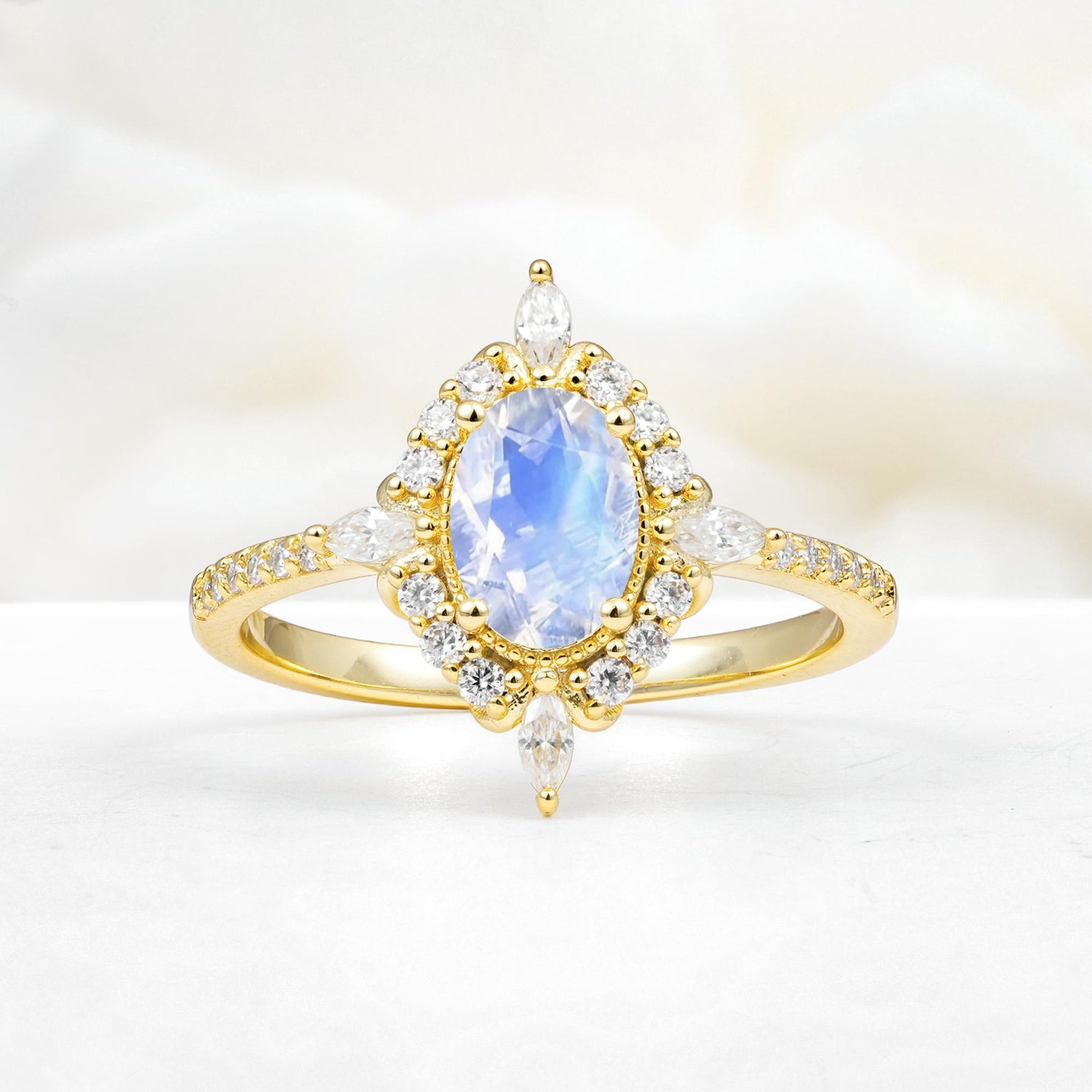 Oval Cut Moonstone Starburst Halo Engagement Ring with Pavé Band - Additional view