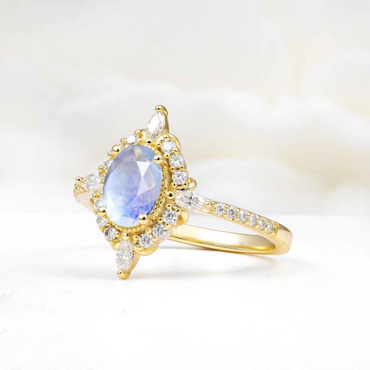 Oval Cut Moonstone Starburst Halo Engagement Ring with Pavé Band - Additional view
