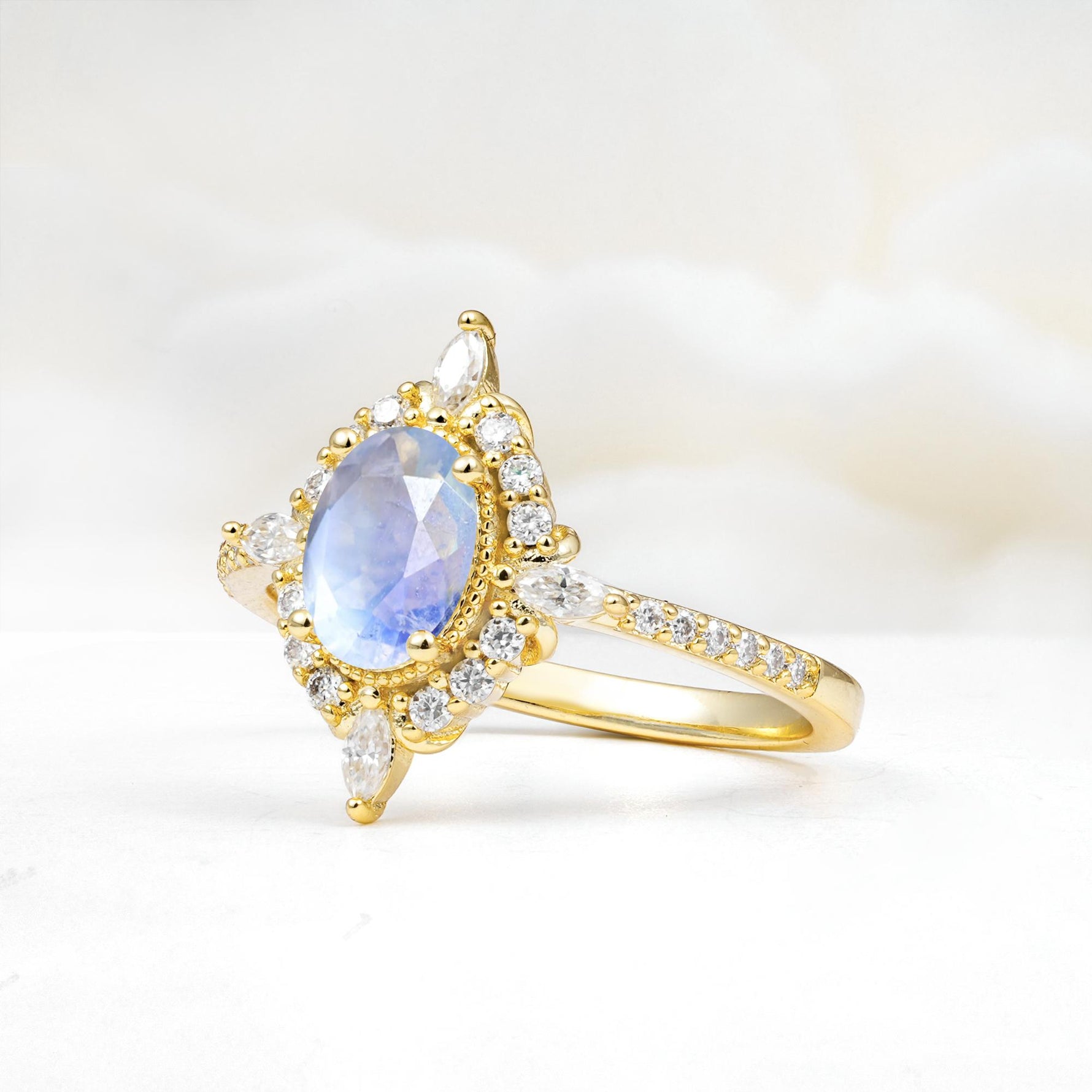 Oval Cut Moonstone Starburst Halo Engagement Ring with Pavé Band - Additional view