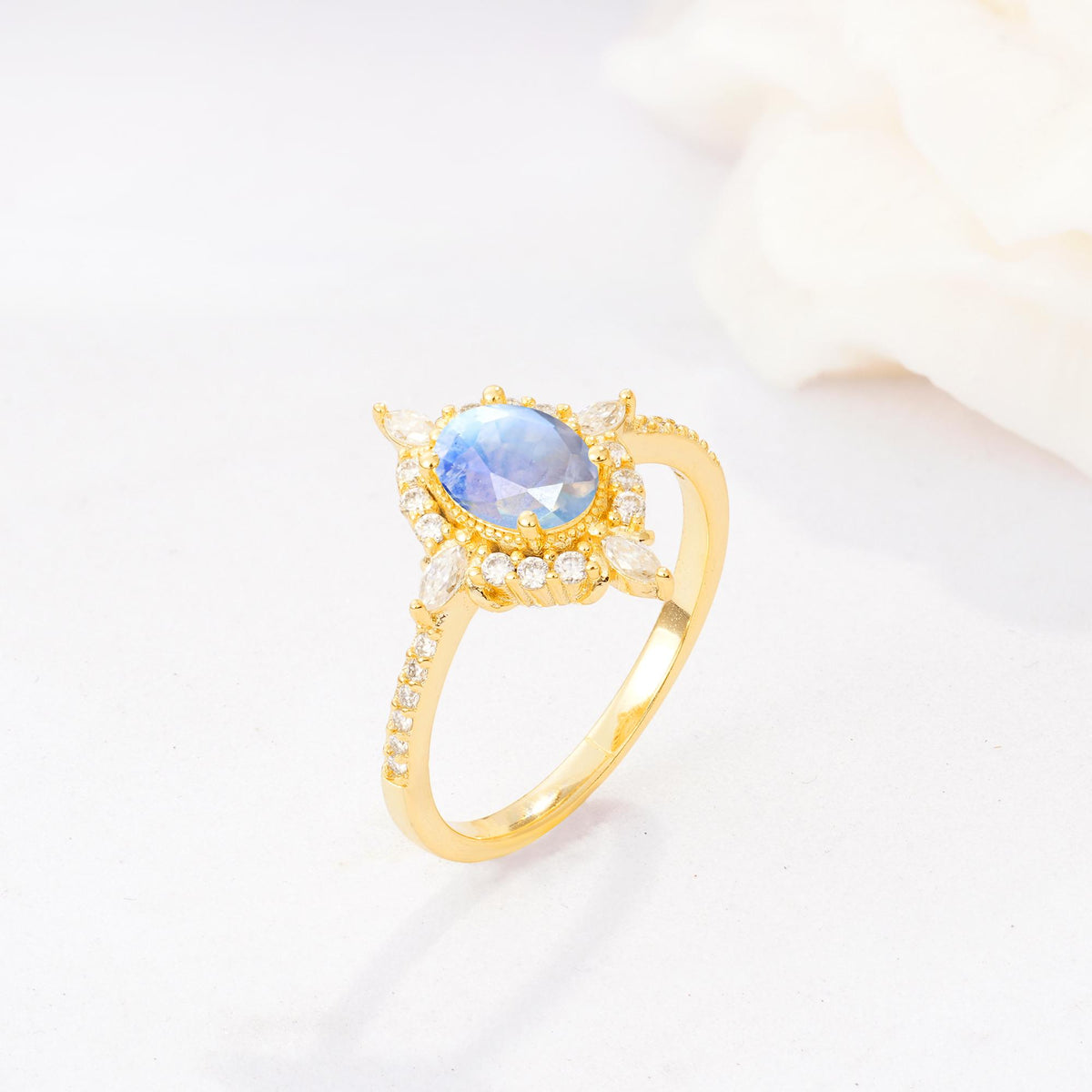 Oval Cut Moonstone Starburst Halo Engagement Ring with Pavé Band - Additional view