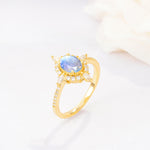 Oval Cut Moonstone Starburst Halo Engagement Ring with Pavé Band - Additional view
