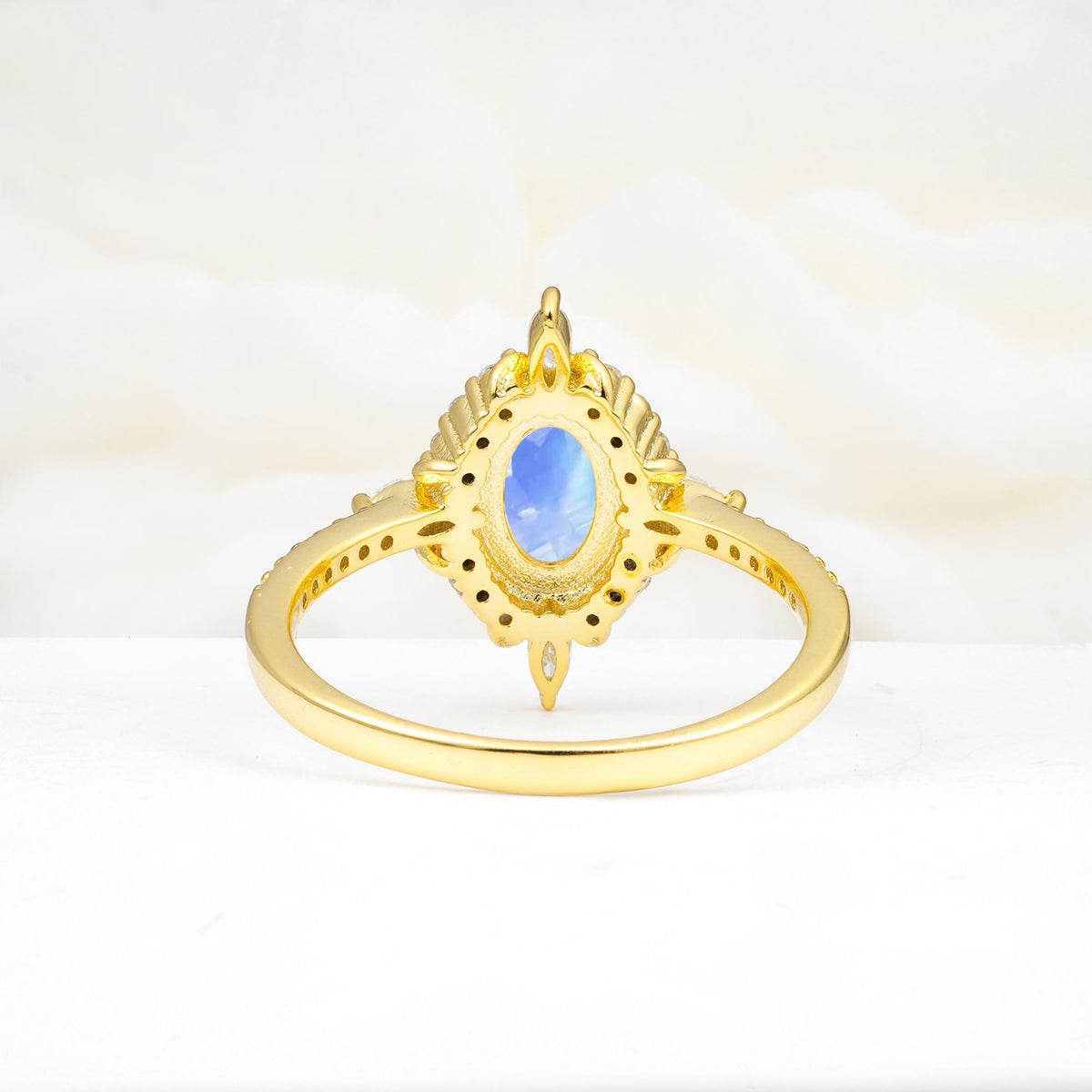 Oval Cut Moonstone Starburst Halo Engagement Ring with Pavé Band - Additional view