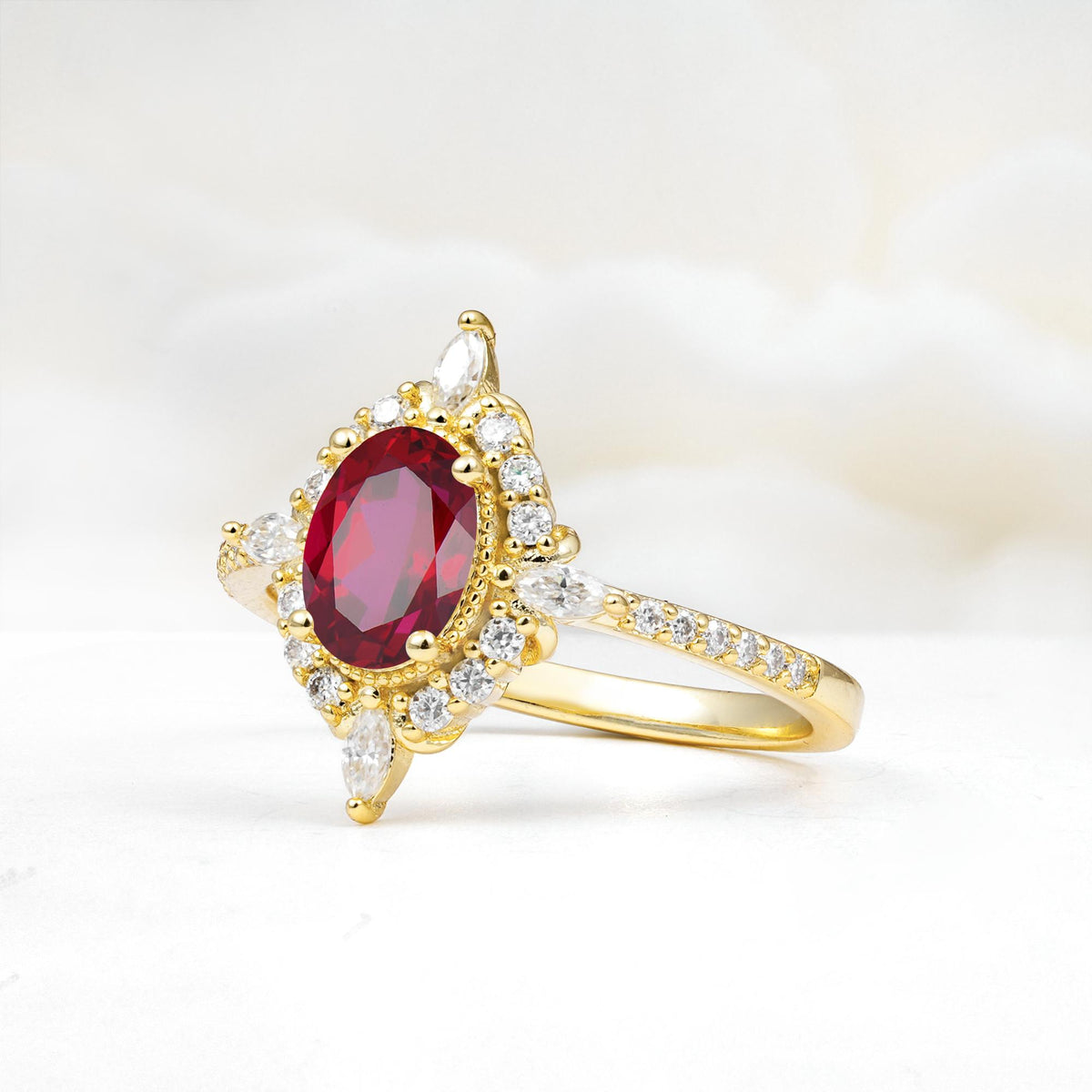 Oval Cut Ruby Starburst Halo Engagement Ring with Pavé Band - Additional view