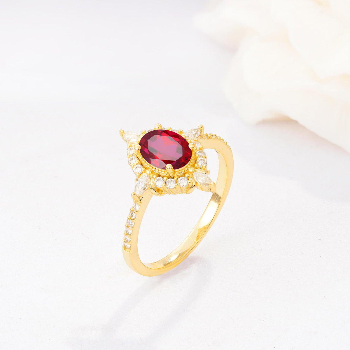 Oval Cut Ruby Starburst Halo Engagement Ring with Pavé Band - Additional view