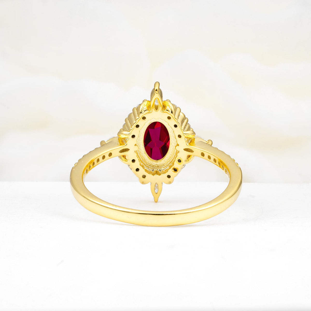 Oval Cut Ruby Starburst Halo Engagement Ring with Pavé Band - Additional view