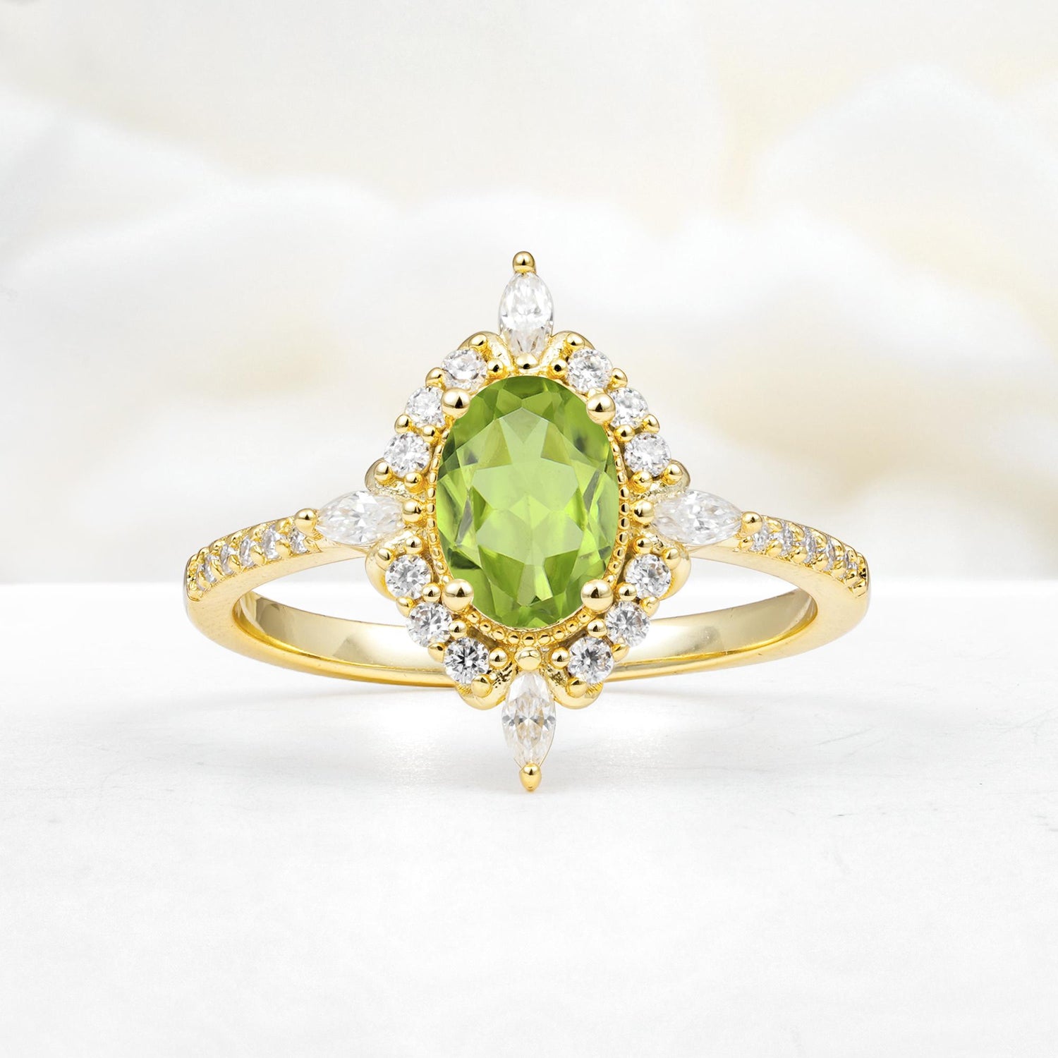 Oval Cut Peridot Starburst Halo Engagement Ring with Pavé Band - Additional view