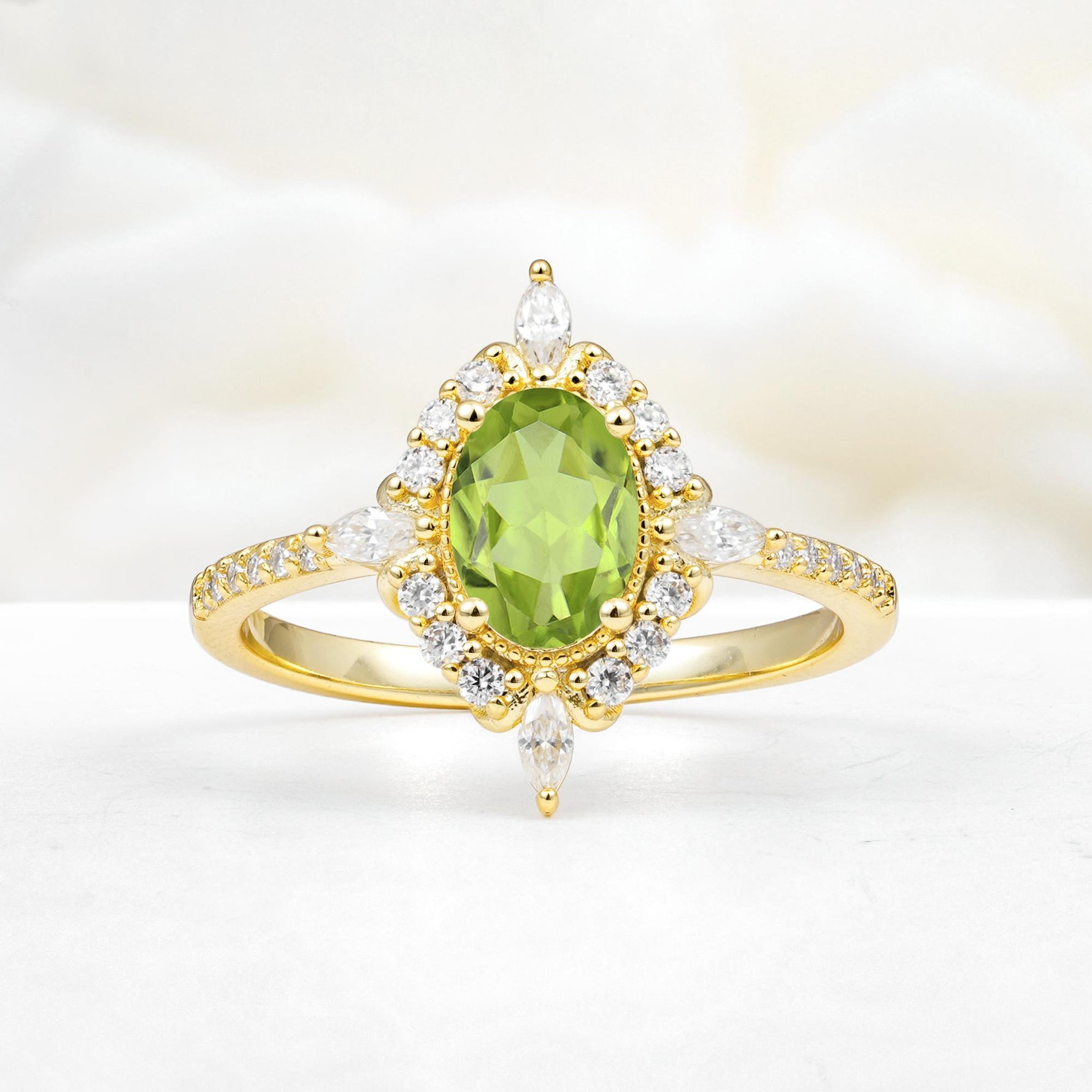 Oval Cut Peridot Starburst Halo Engagement Ring with Pavé Band - Additional view