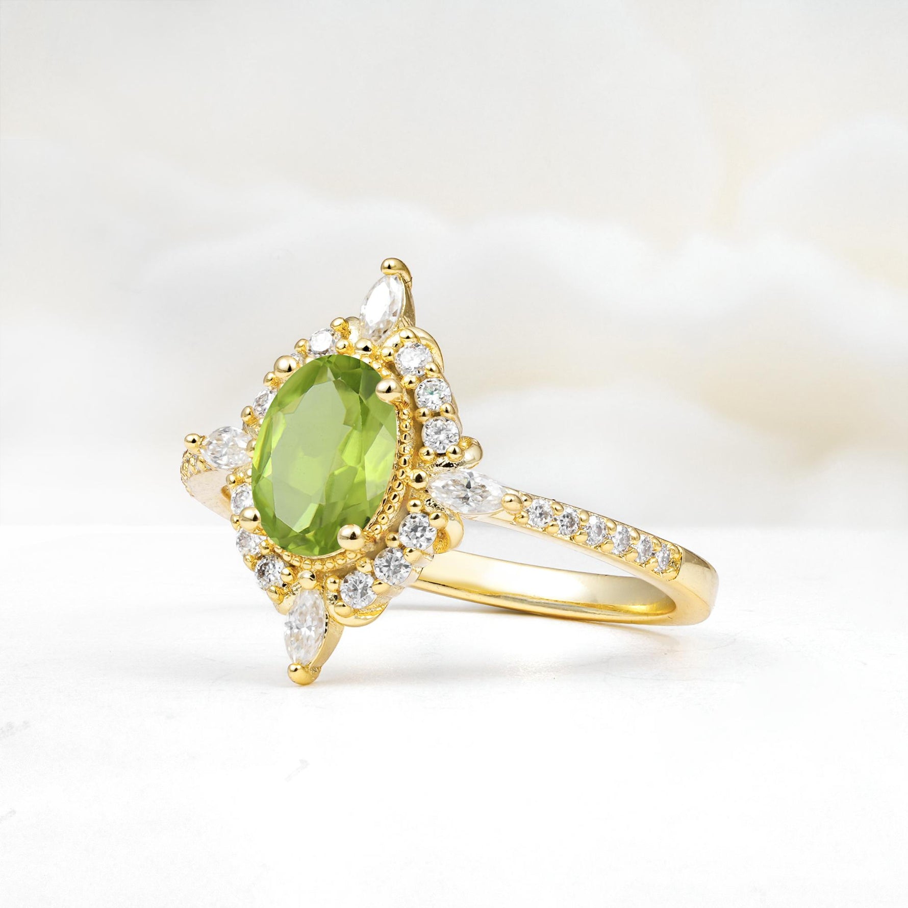 Oval Cut Peridot Starburst Halo Engagement Ring with Pavé Band - Additional view