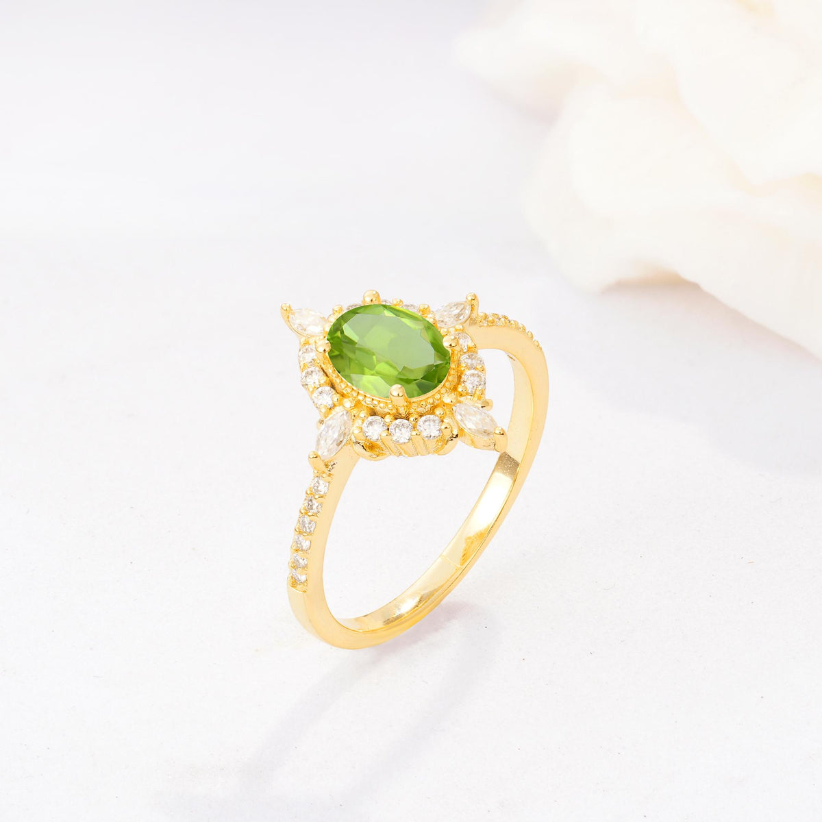 Oval Cut Peridot Starburst Halo Engagement Ring with Pavé Band - Additional view