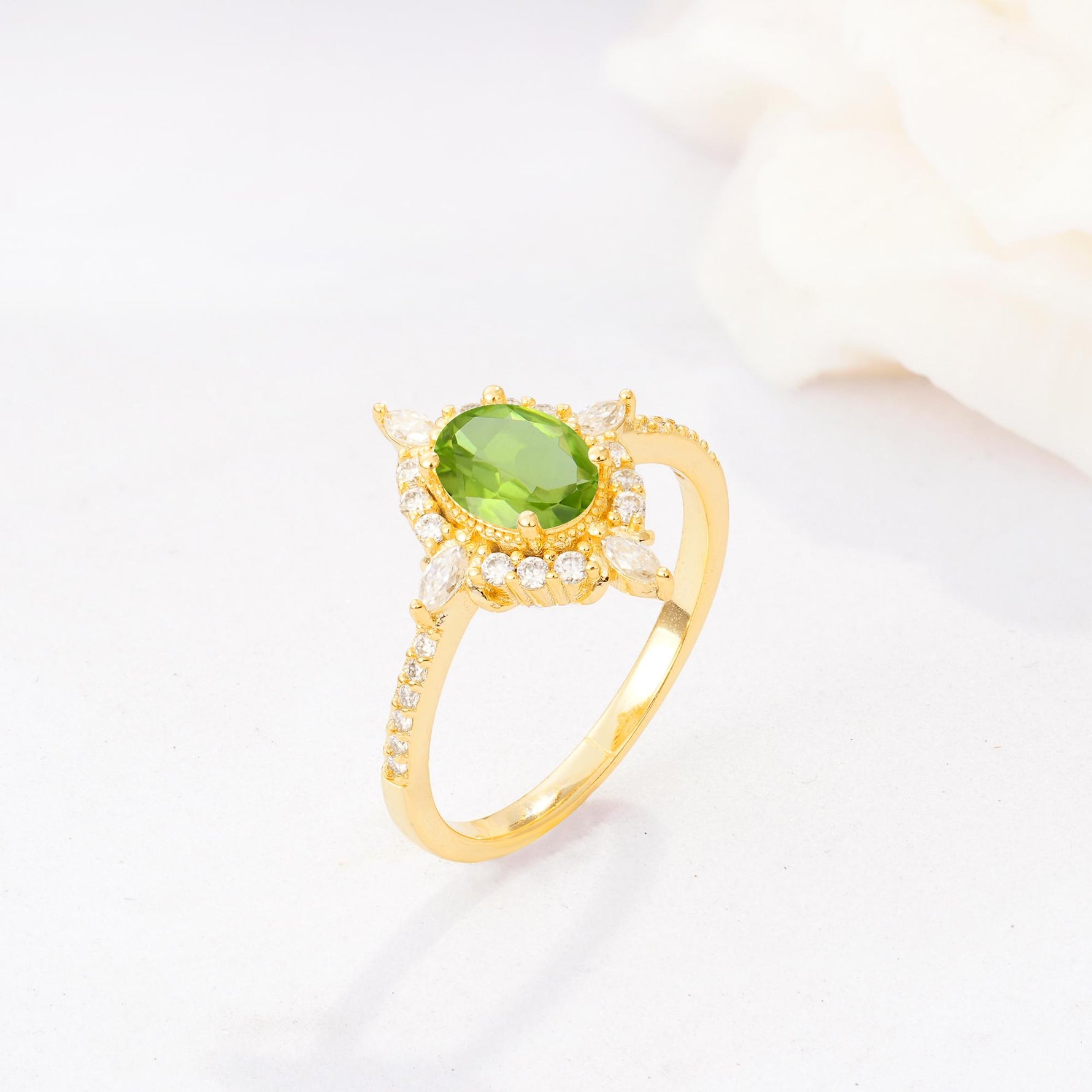 Oval Cut Peridot Starburst Halo Engagement Ring with Pavé Band - Additional view