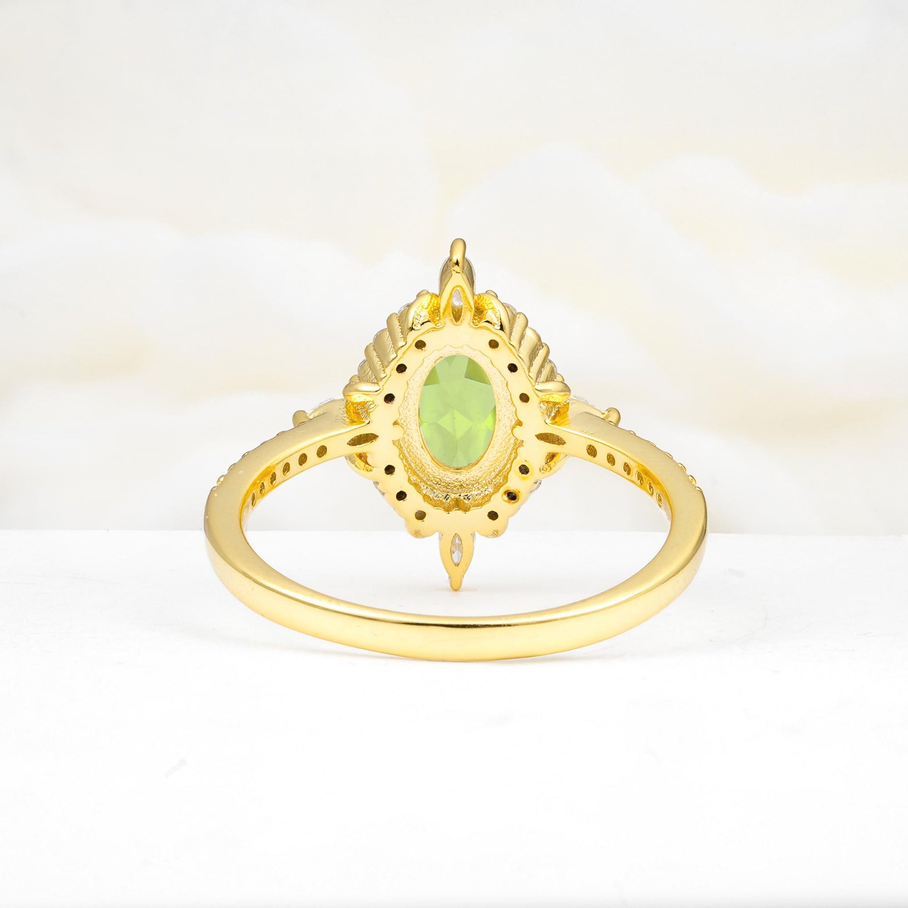 Oval Cut Peridot Starburst Halo Engagement Ring with Pavé Band - Additional view