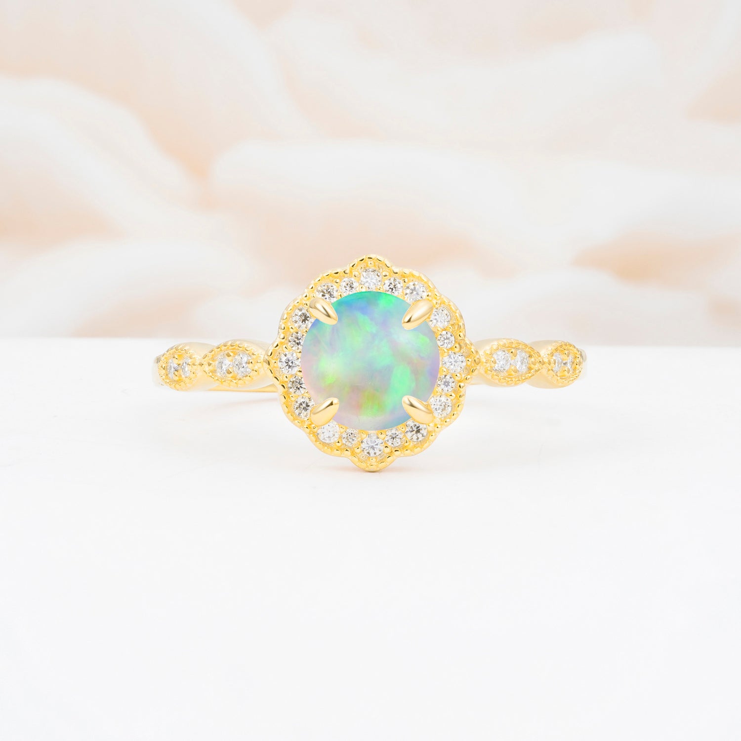 Vintage Halo Fire Opal Engagement Ring for Her