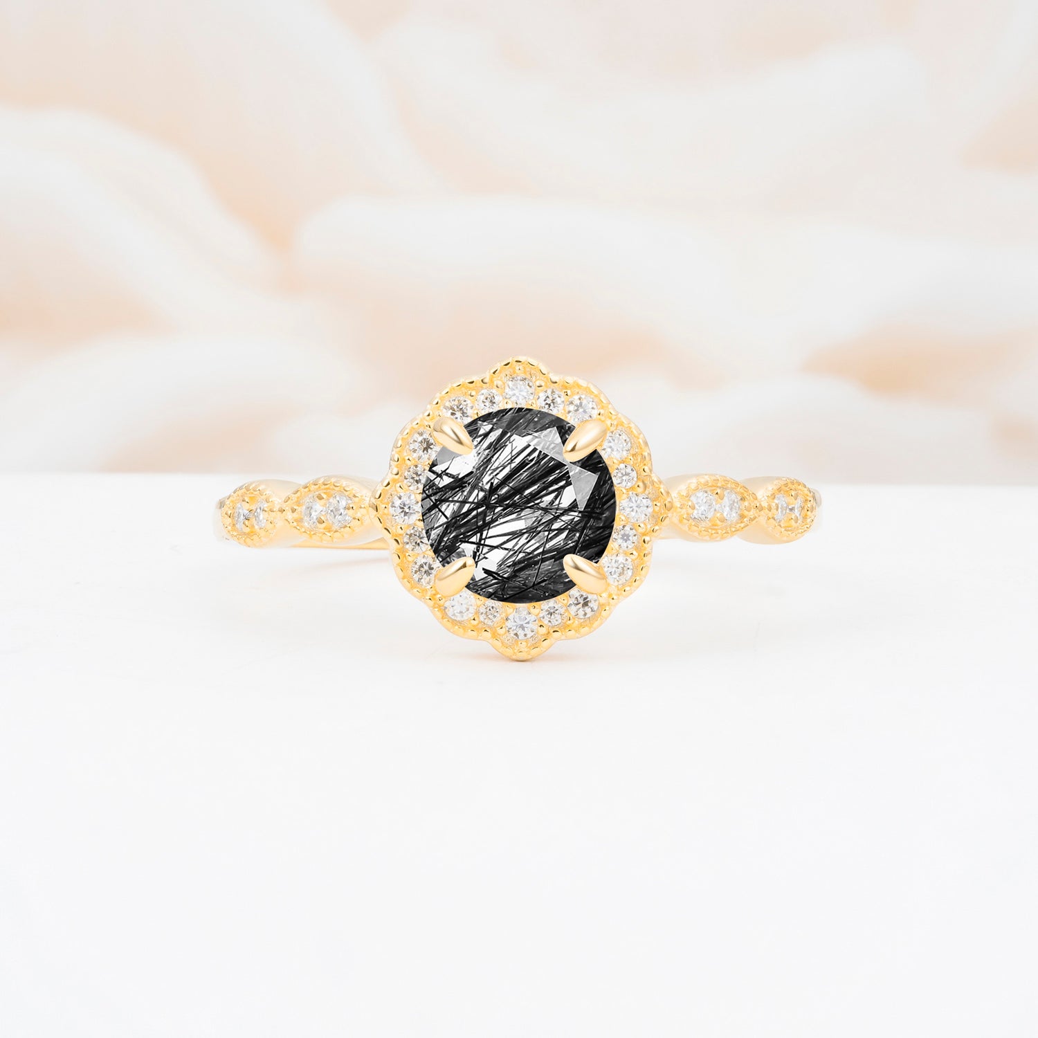 Vintage Halo Black Rutilated Quartz Engagement Ring for Her