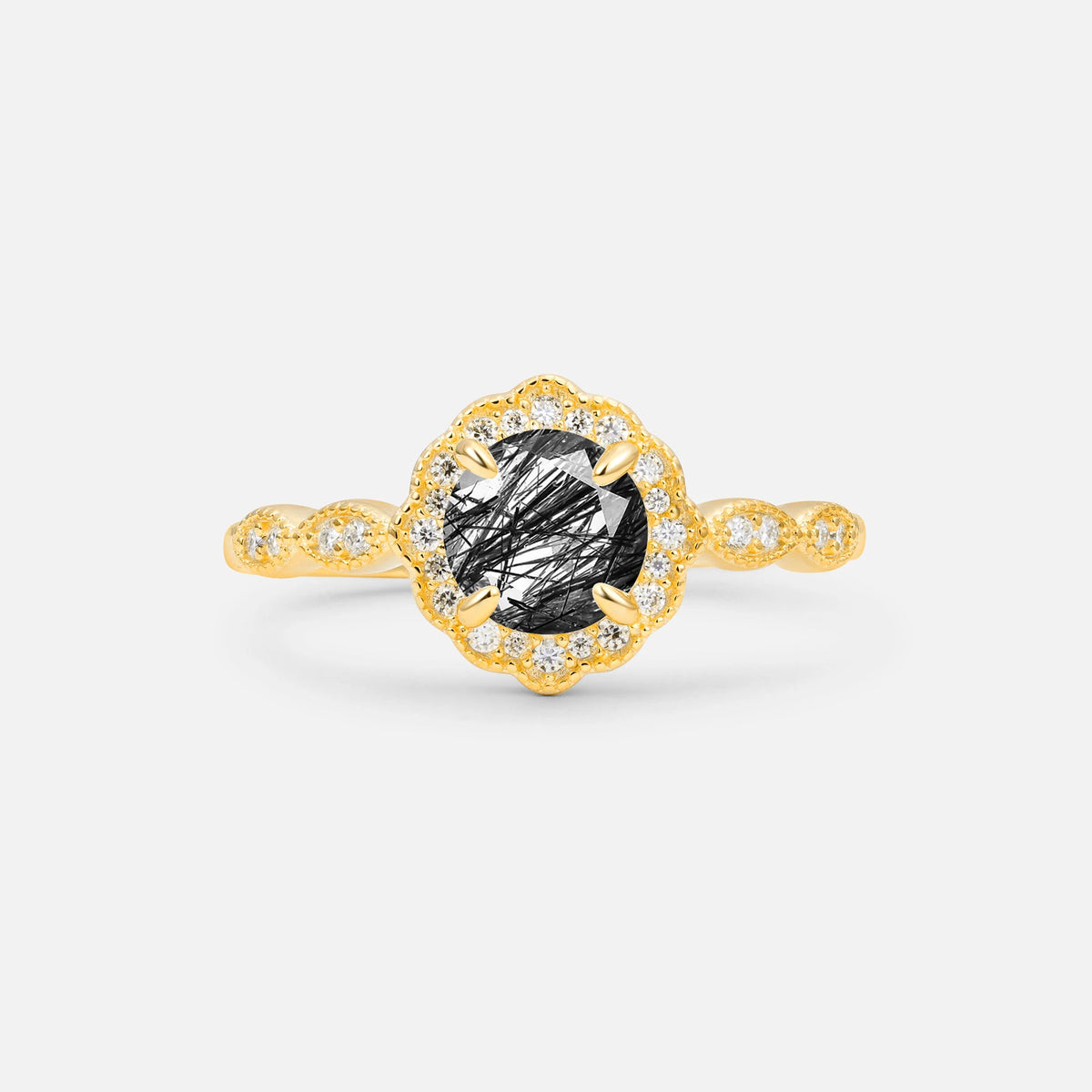 Vintage Halo Black Rutilated Quartz Engagement Ring for Her