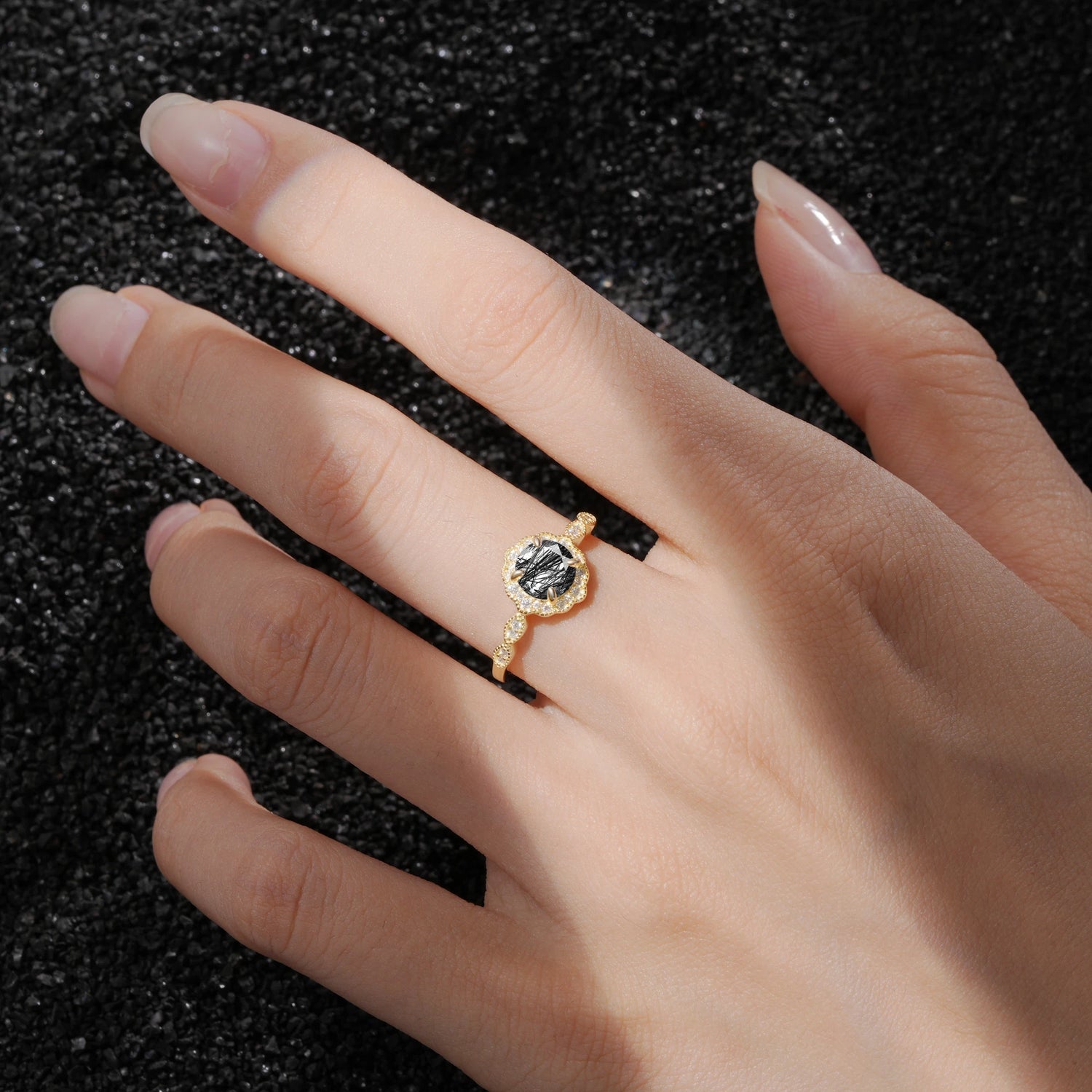 Vintage Halo Black Rutilated Quartz Engagement Ring for Her