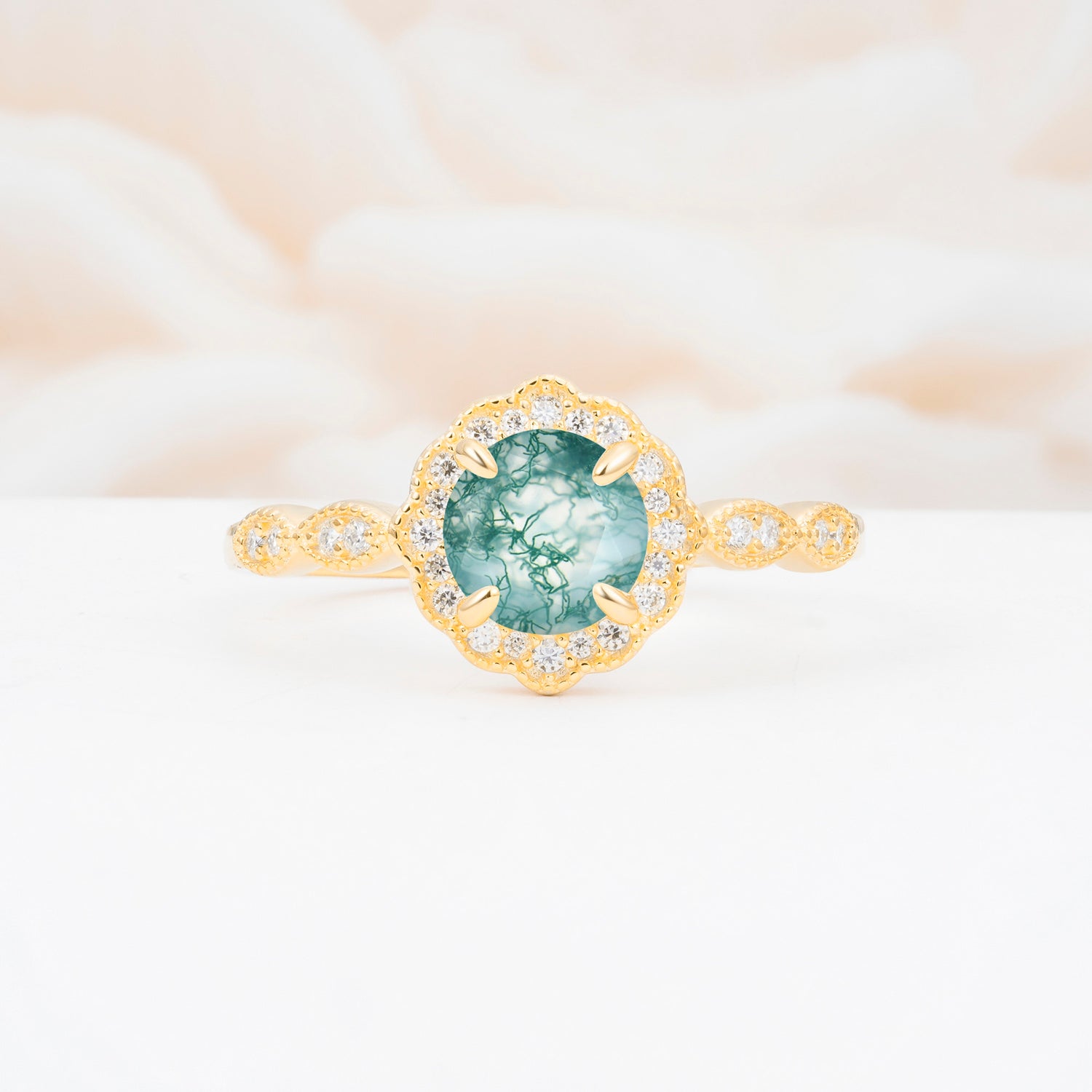 Vintage Halo Moss Agate Engagement Ring for Her