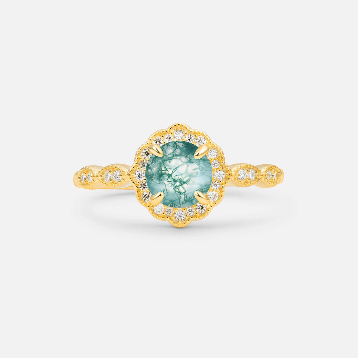 Vintage Halo Moss Agate Engagement Ring for Her