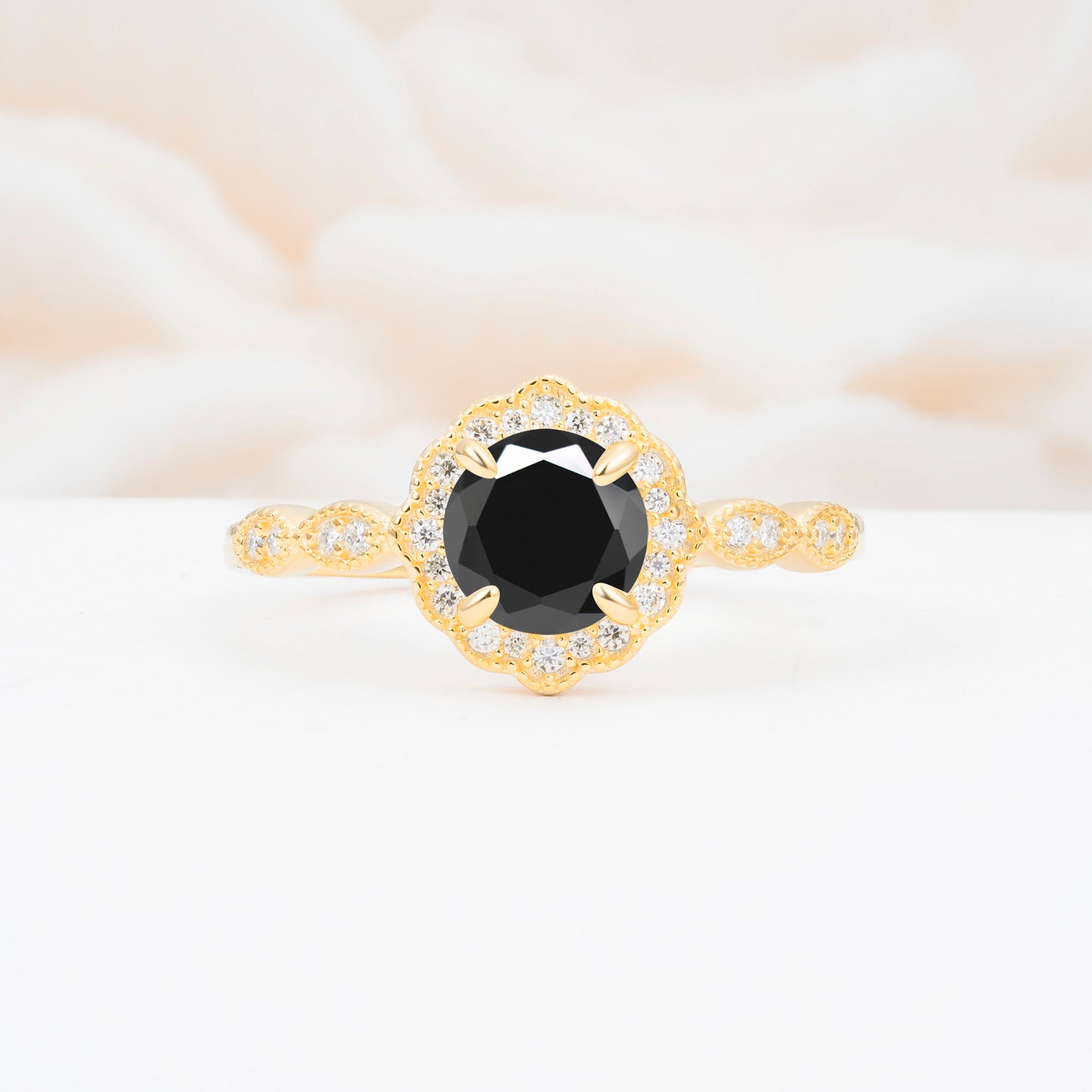 Vintage Halo Black Onyx Engagement Ring for Her