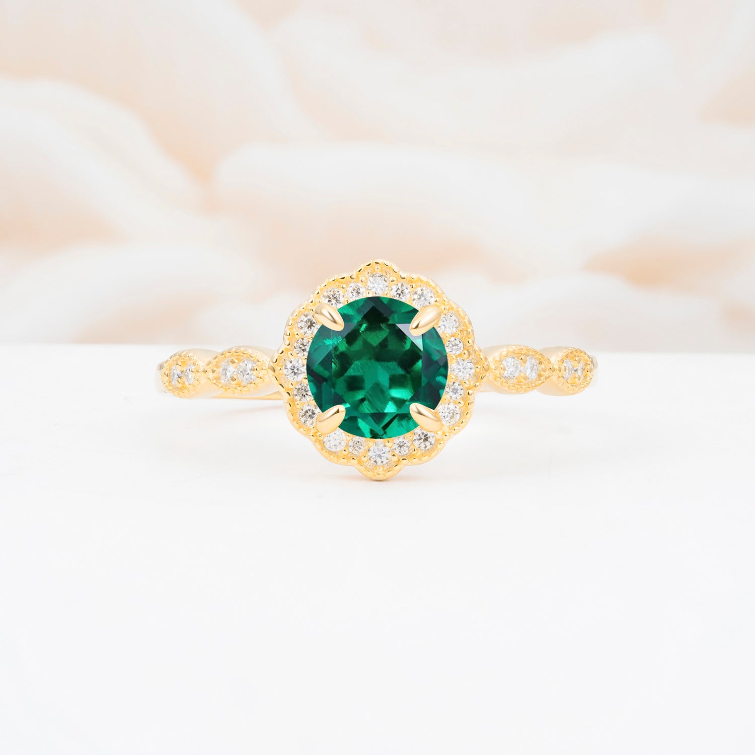 Vintage Halo Emerald Engagement Ring for Her