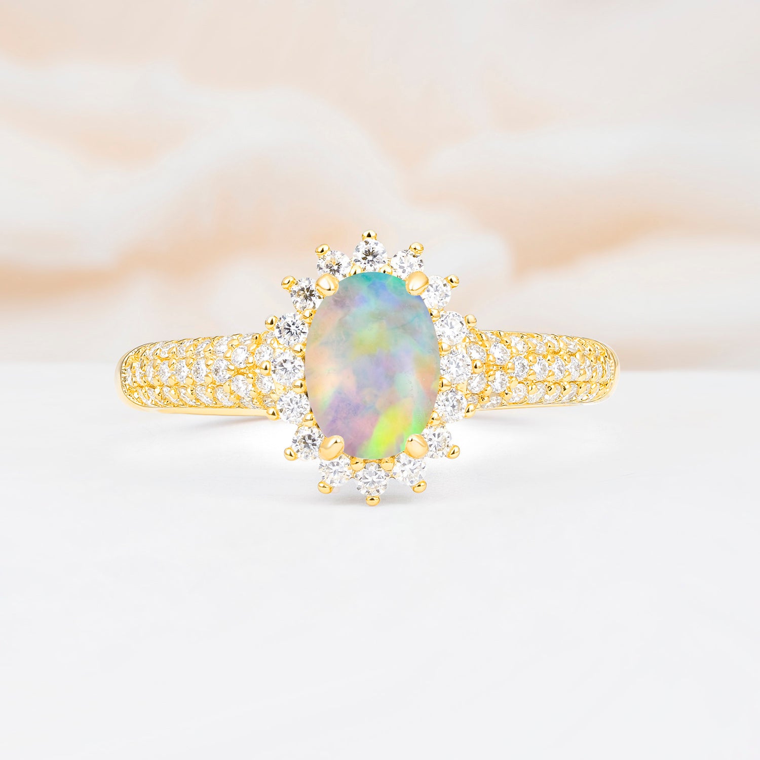 Oval Cut Opal Sunburst Halo Engagement Ring for Her