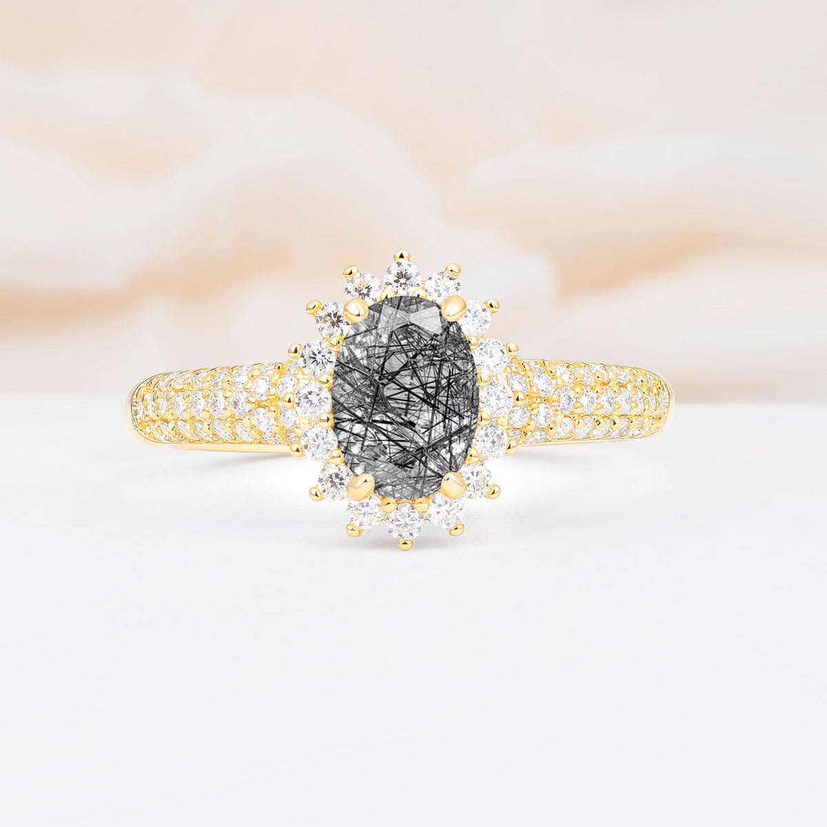 ML07032 Black Rutilated Quartz Ring - Yellow-Gold