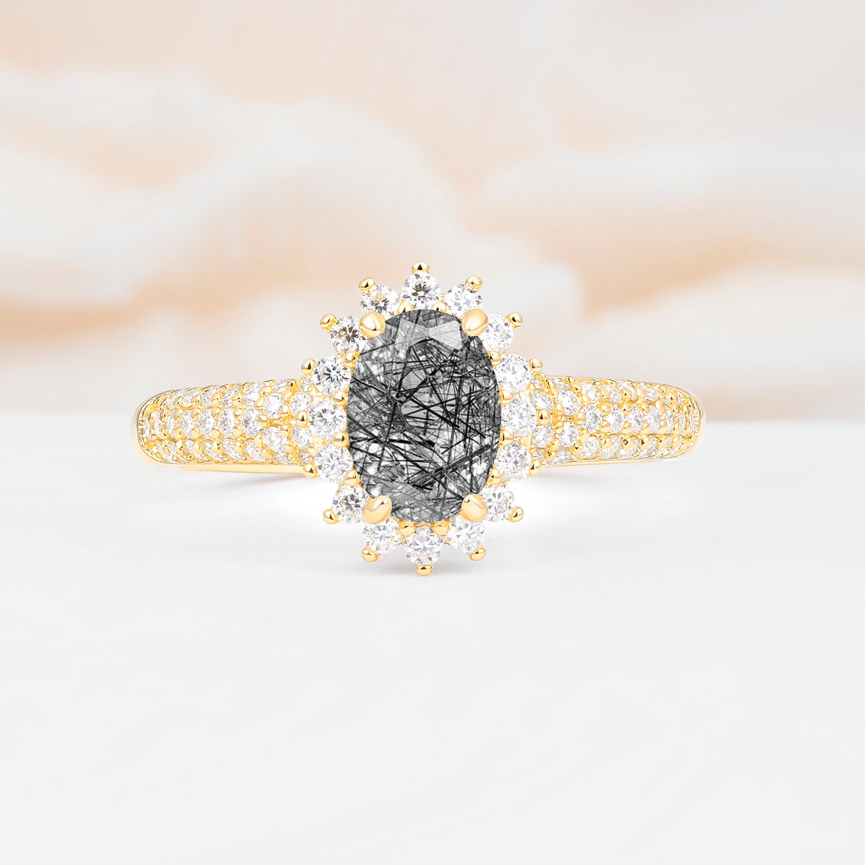 ML07032 Black Rutilated Quartz Ring - Yellow-Gold
