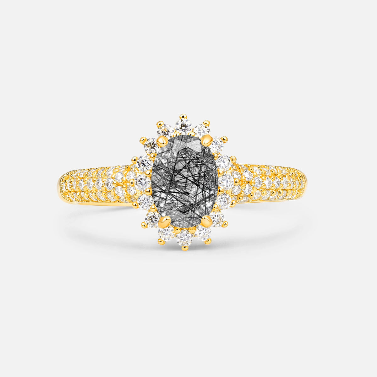 Oval Cut Black Rutilated Quartz Sunburst Halo Engagement Ring for Her