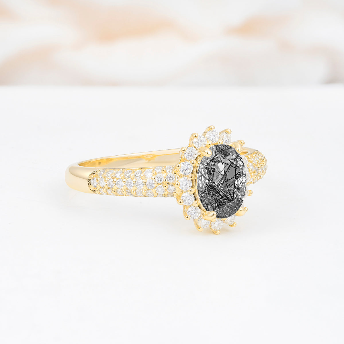ML07032 Black Rutilated Quartz Ring - White-Gold