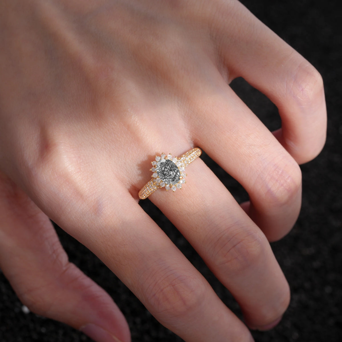 Oval Cut Black Rutilated Quartz Sunburst Halo Engagement Ring for Her