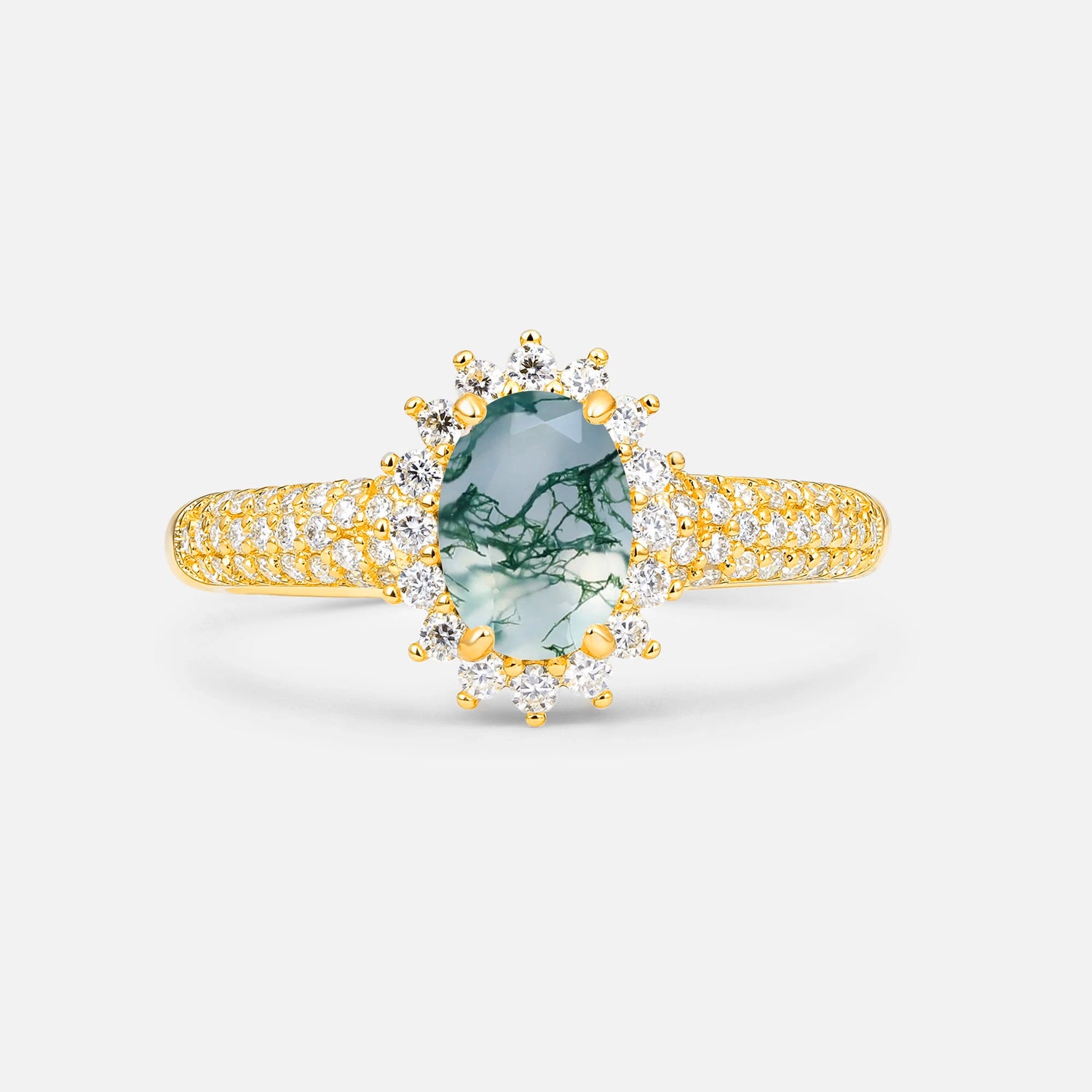 Oval Cut Moss Agate Sunburst Halo Engagement Ring for Her