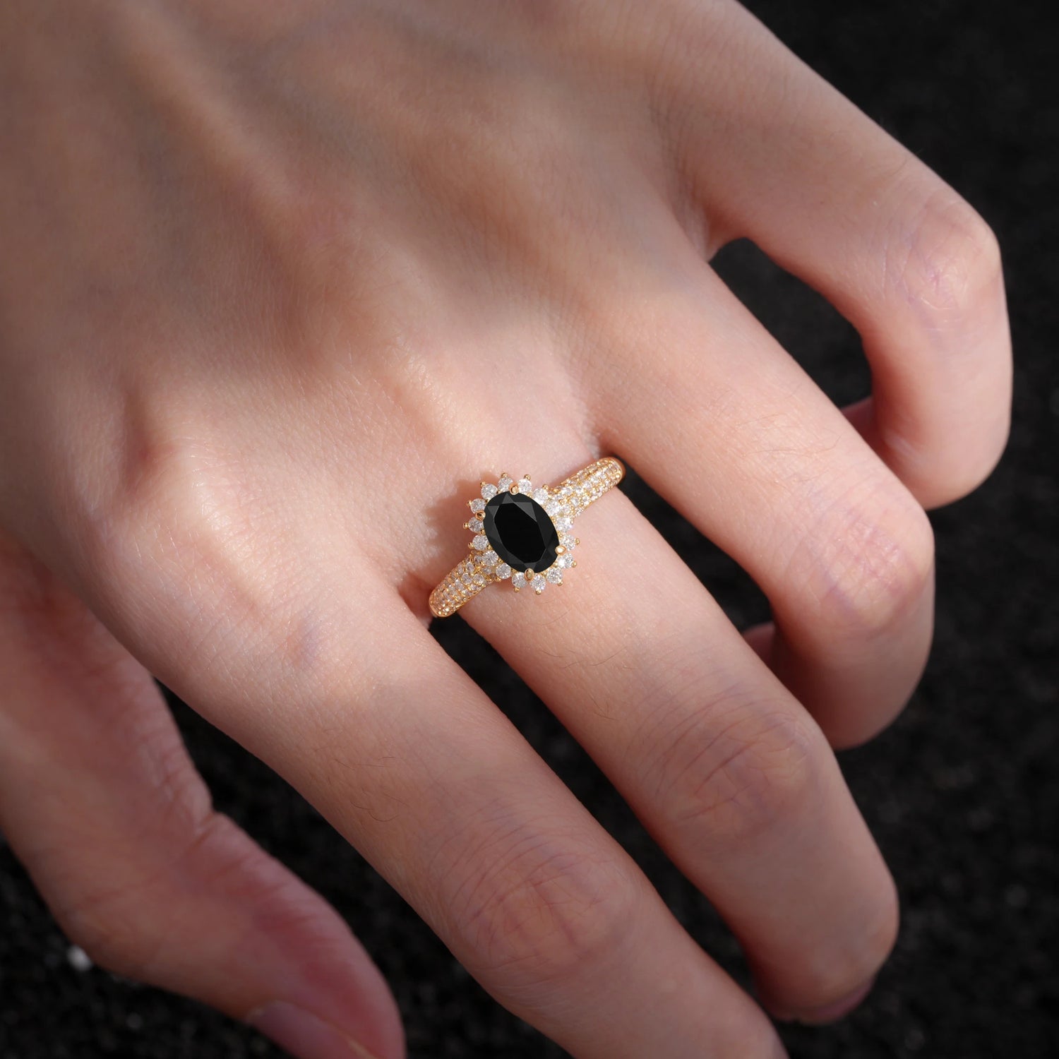 Oval Cut Black Onyx Sunburst Halo Engagement Ring for Her