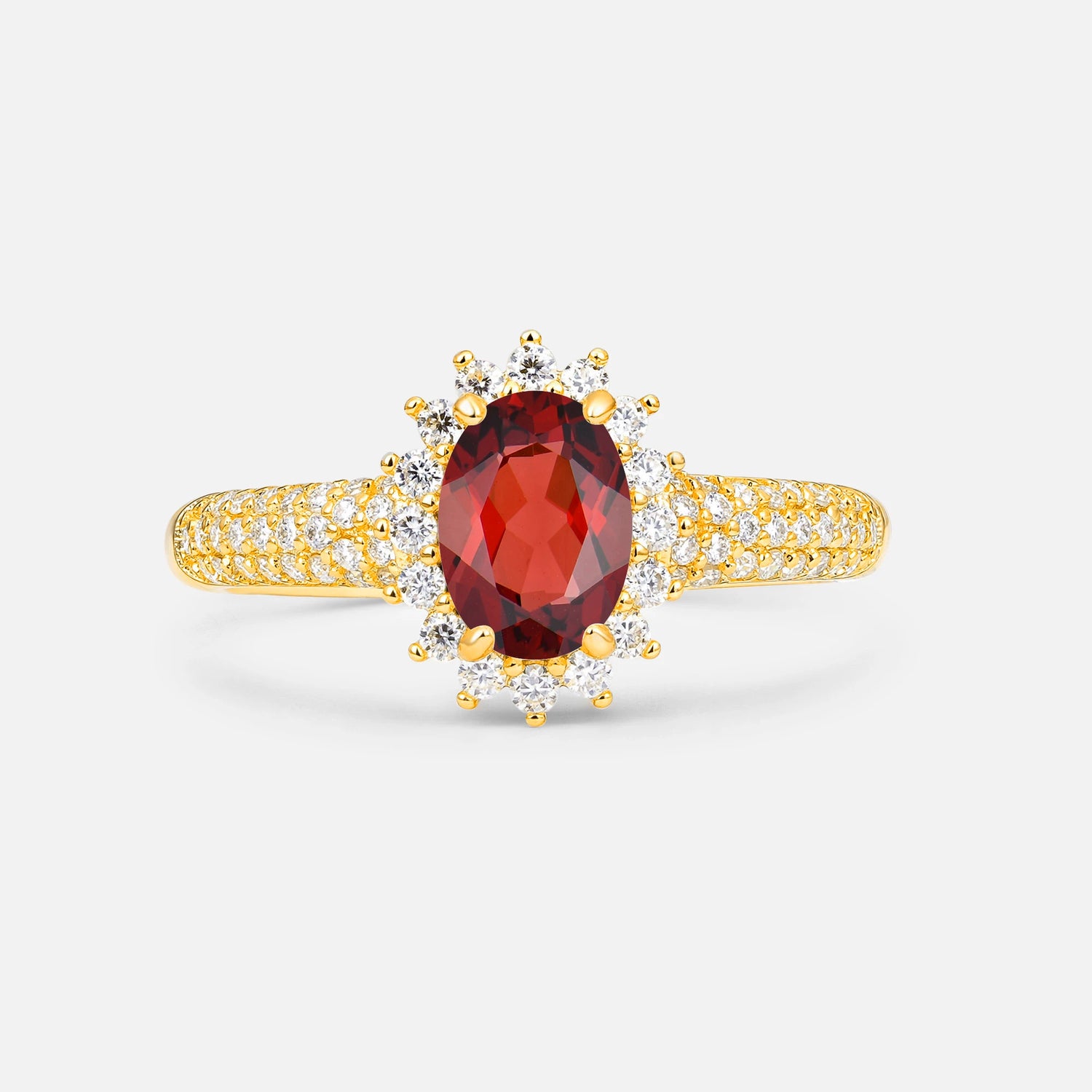 Oval Cut Garnet Sunburst Halo Engagement Ring for Her