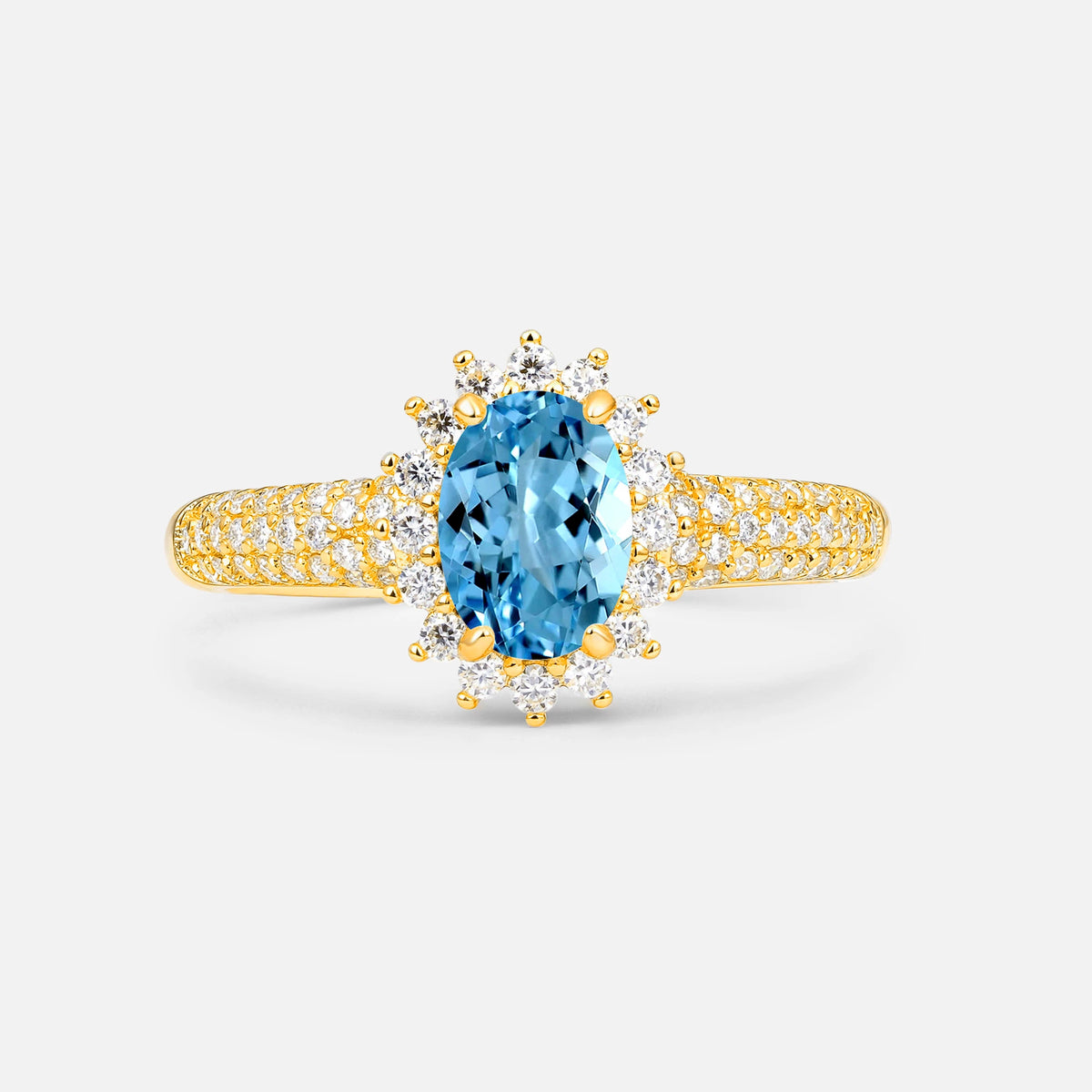 Oval Cut Aquamarine Sunburst Halo Engagement Ring for Her