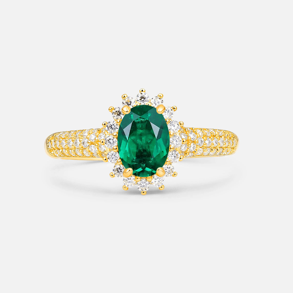 Oval Cut Emerald Sunburst Halo Engagement Ring for Her