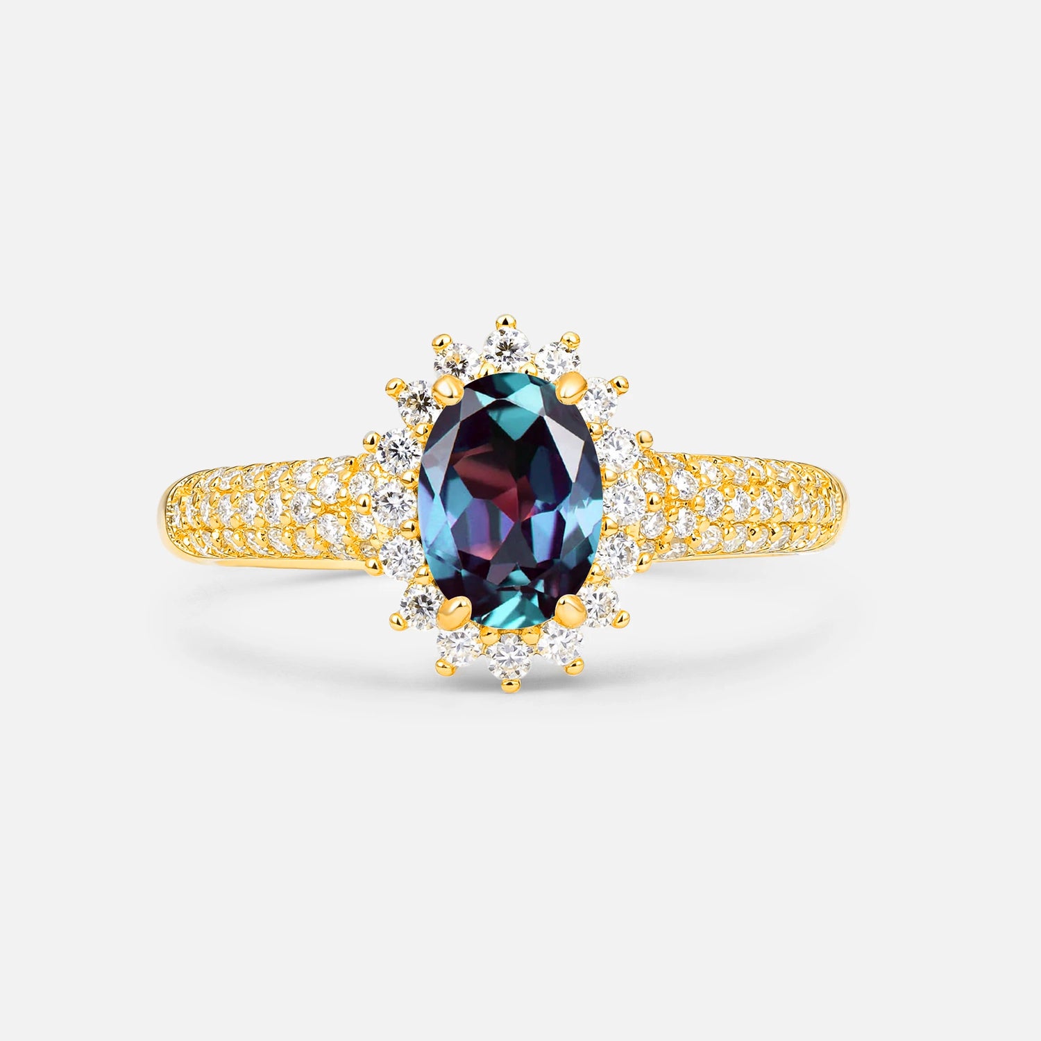 Oval Cut Alexandrite Sunburst Halo Engagement Ring for Her