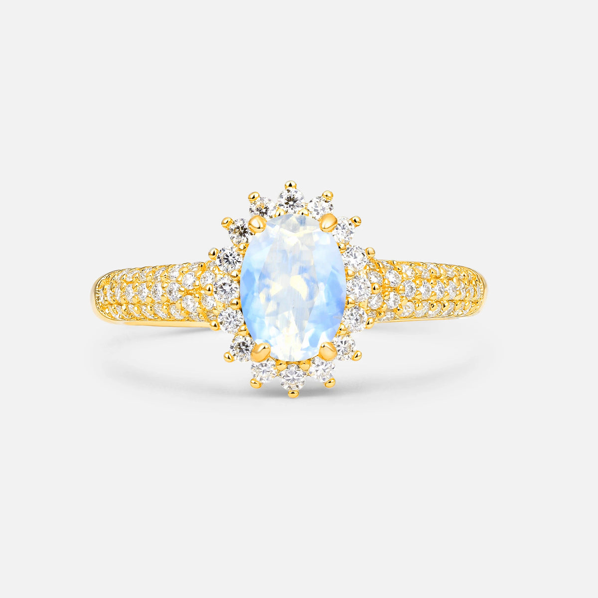 Oval Cut Moonstone Sunburst Halo Engagement Ring for Her