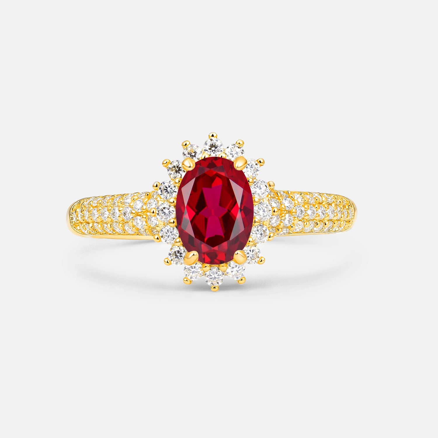 Oval Cut Ruby Sunburst Halo Engagement Ring for Her
