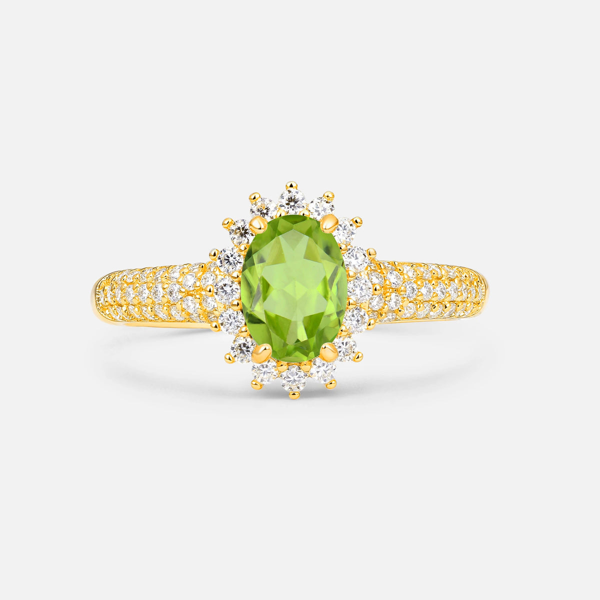 Oval Cut Peridot Sunburst Halo Engagement Ring for Her