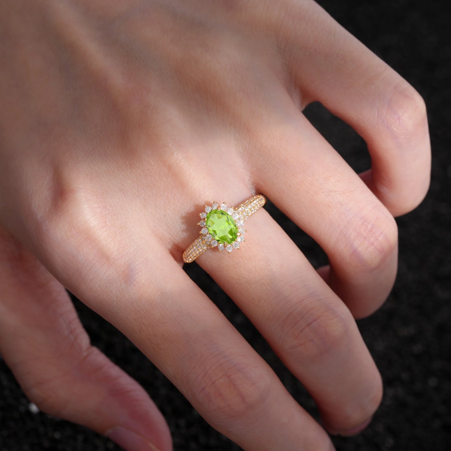 Oval Cut Peridot Sunburst Halo Engagement Ring for Her