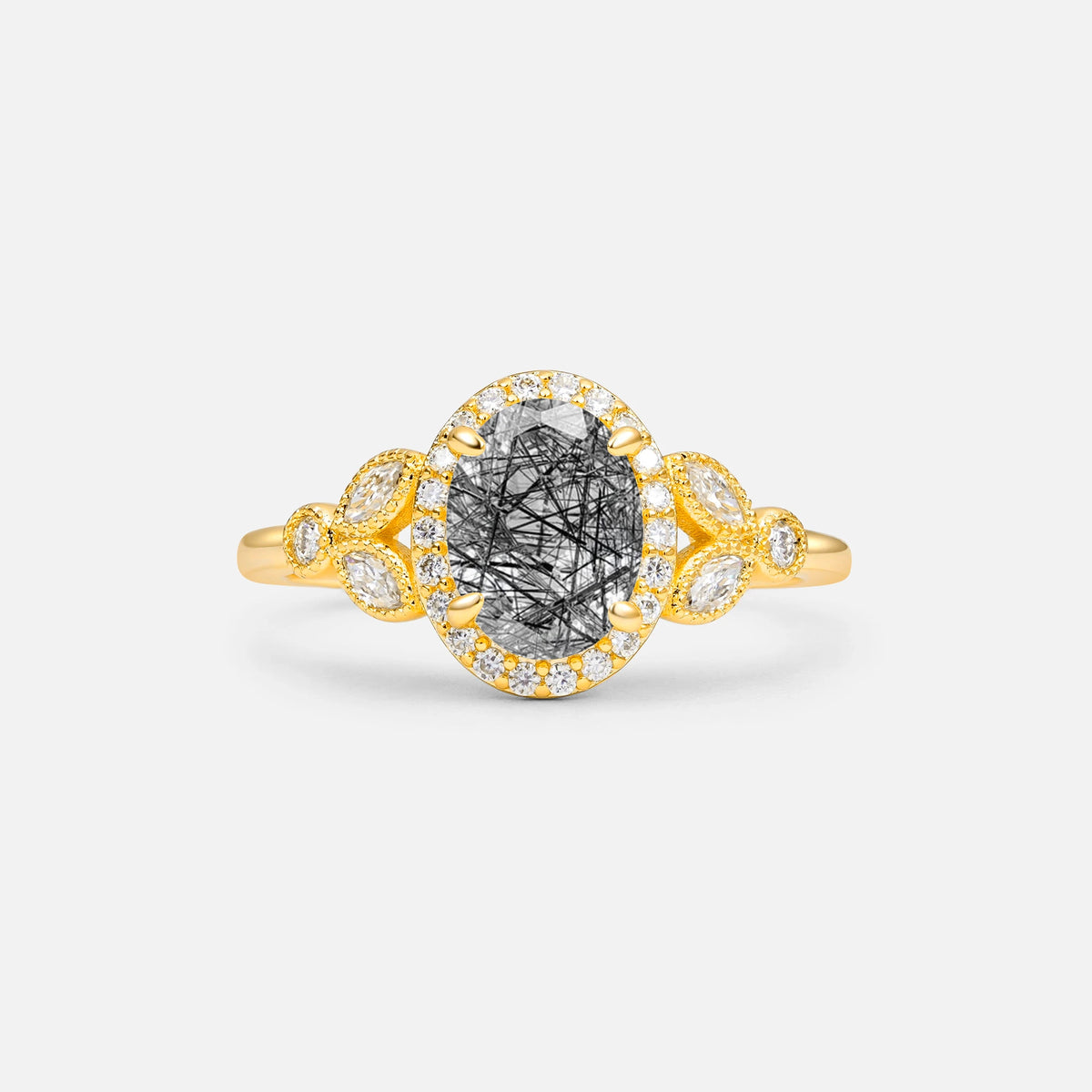 Oval Cut Black Rutilated Quartz Vintage Halo Engagement Ring