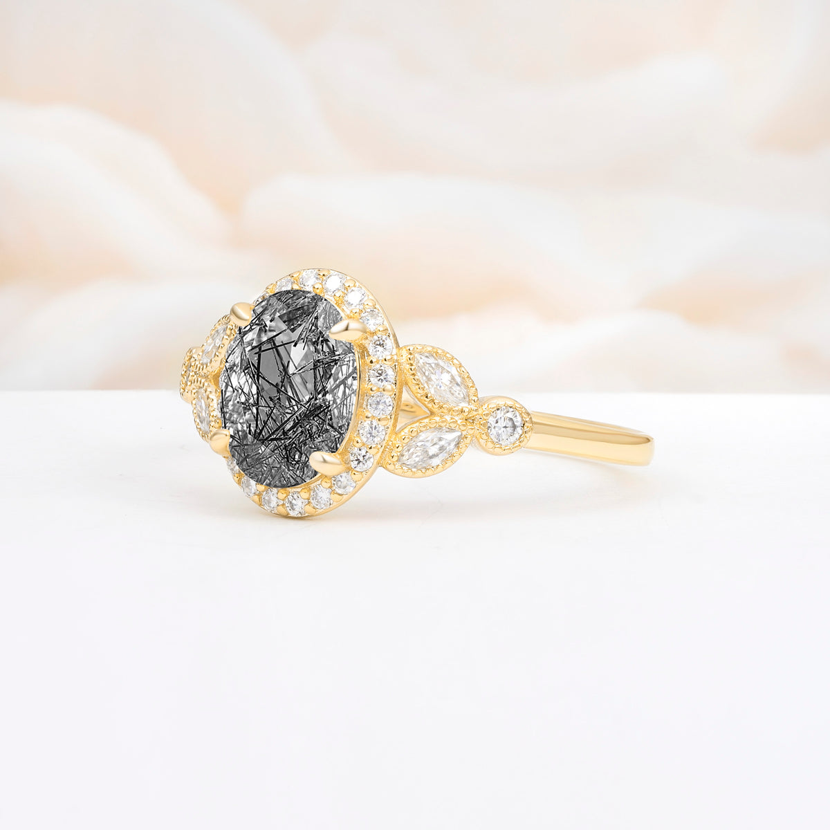 ML07033 Black Rutilated Quartz Ring - White-Gold
