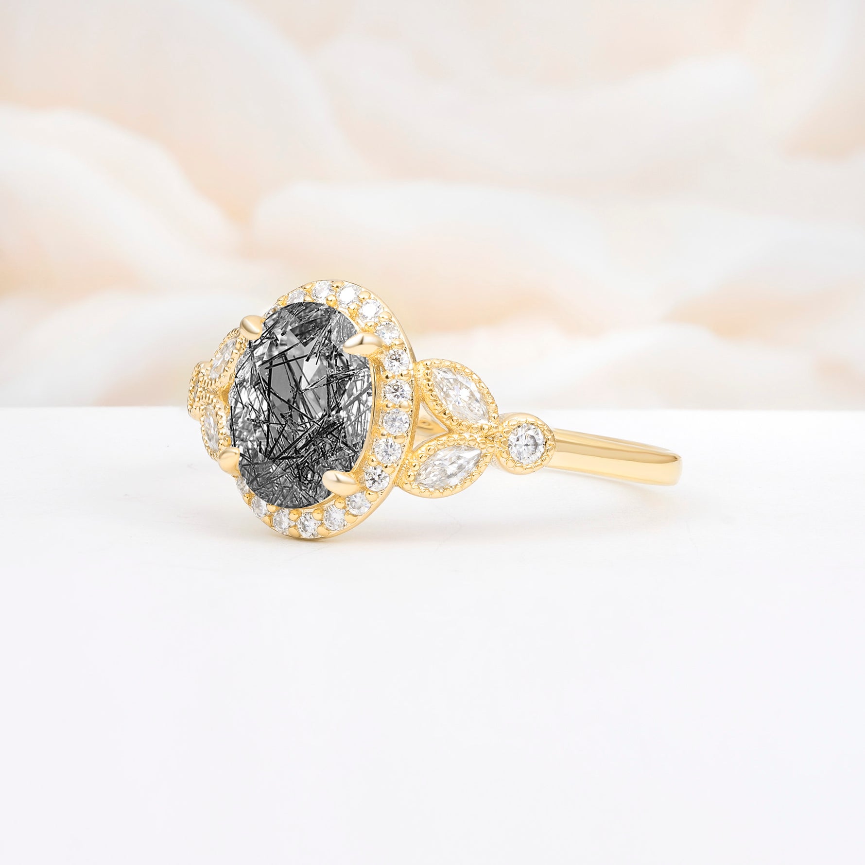ML07033 Black Rutilated Quartz Ring - White-Gold