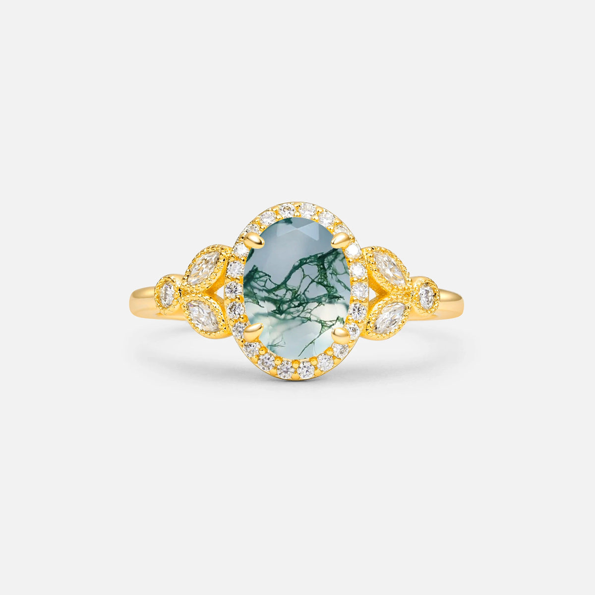 Oval Cut Moss Agate Vintage Halo Engagement Ring