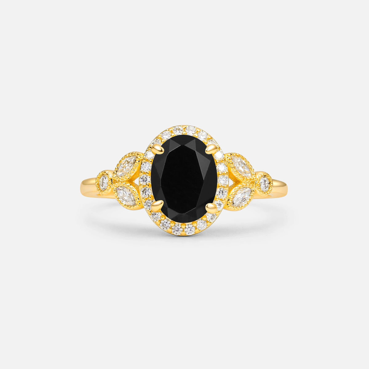 Oval Cut Black Onyx Vintage Halo Engagement Ring