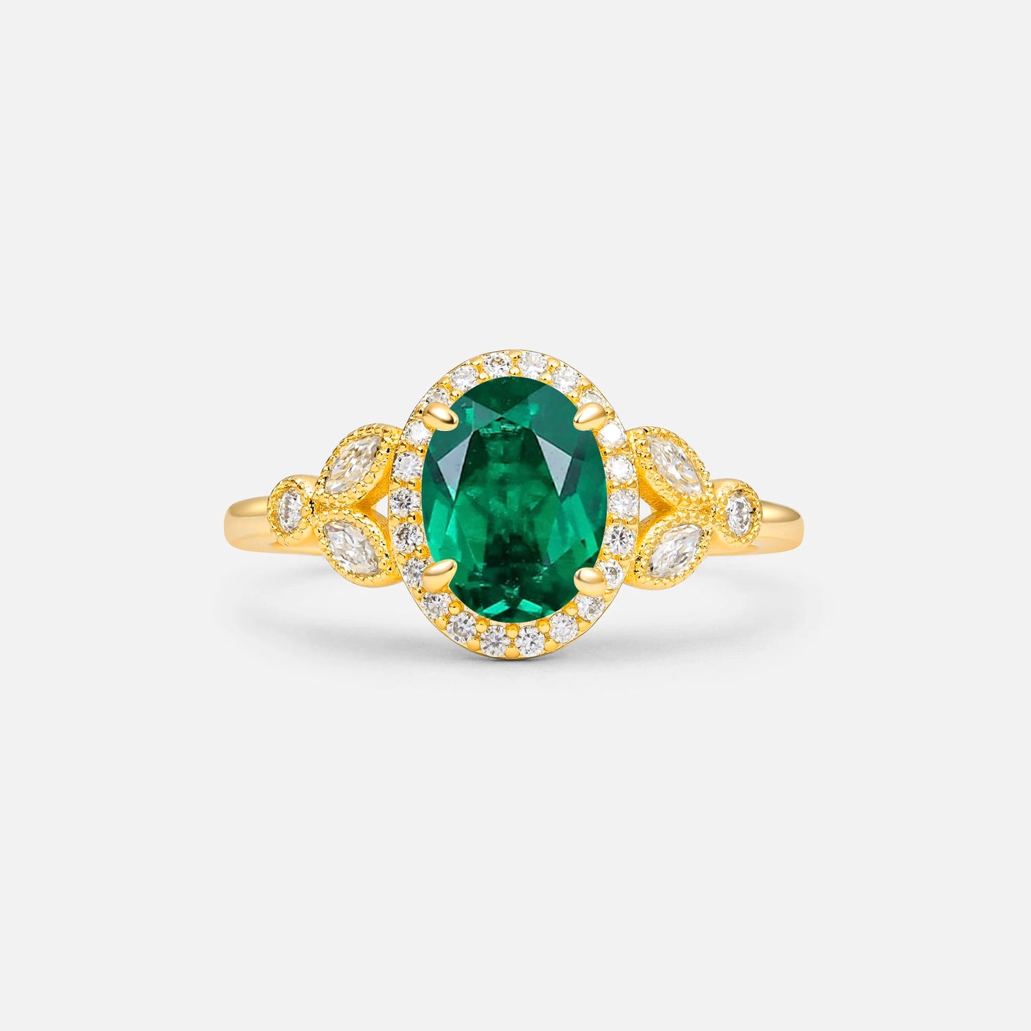 Oval Cut Vintage Halo Emerald Engagement Ring