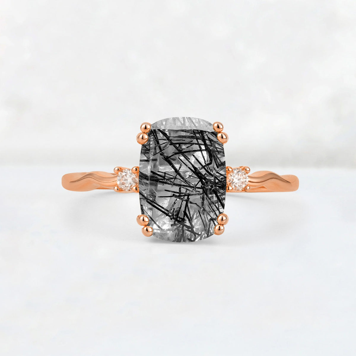 Emerald Cut Black Rutilated Quartz Twisted Three-Stone Engagement Ring - Additional view
