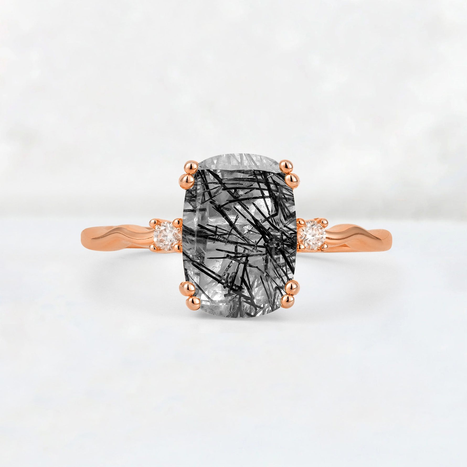 Emerald Cut Black Rutilated Quartz Twisted Three-Stone Engagement Ring - Additional view